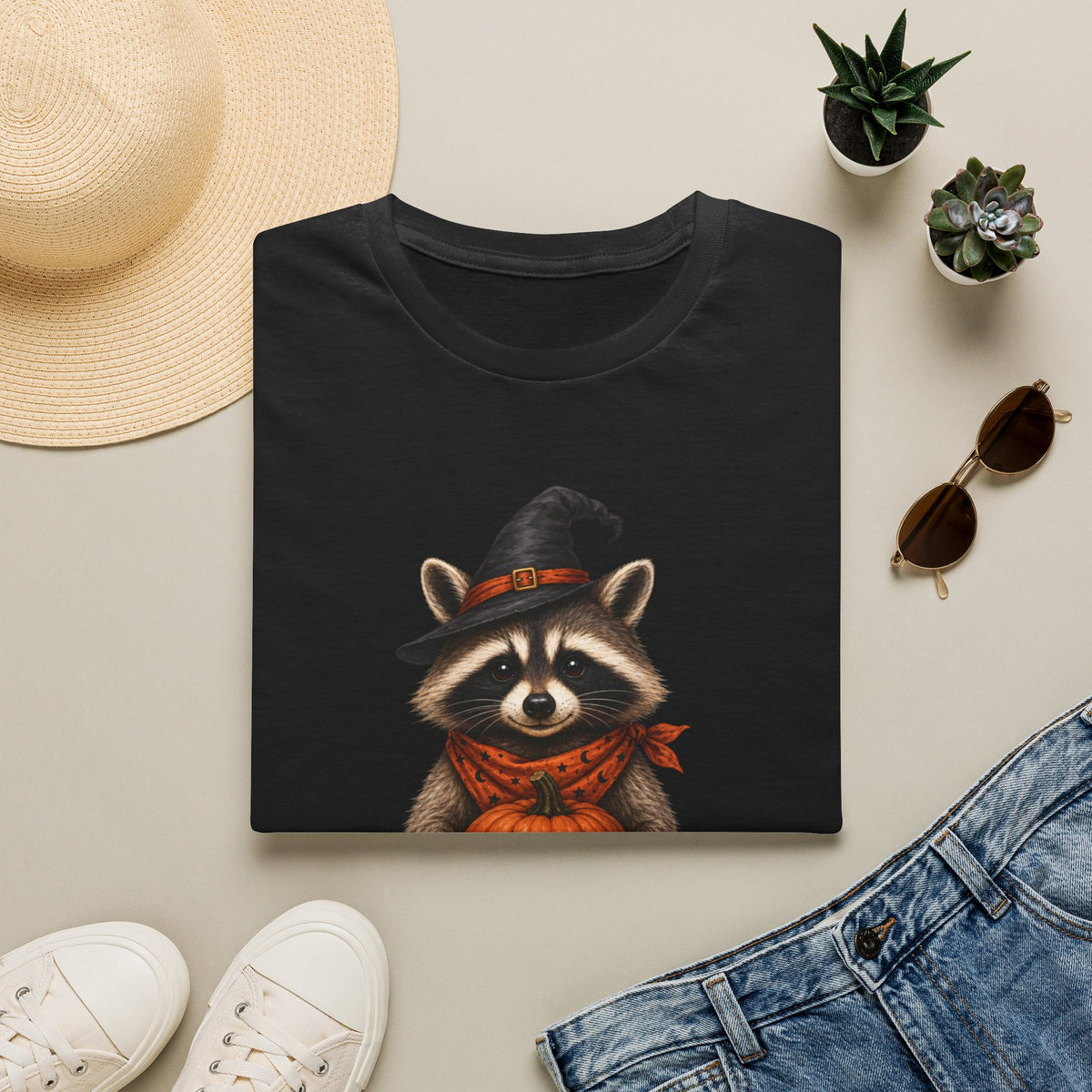Raccoon Witch Halloween T Shirt Cute Pumpkin Trick-or-Treat Tee