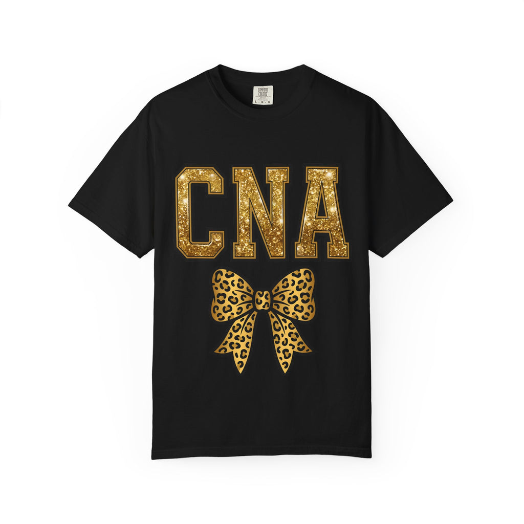 CNA Leopard Bow T Shirt Sparkle Gold Nurse Aide Tee
