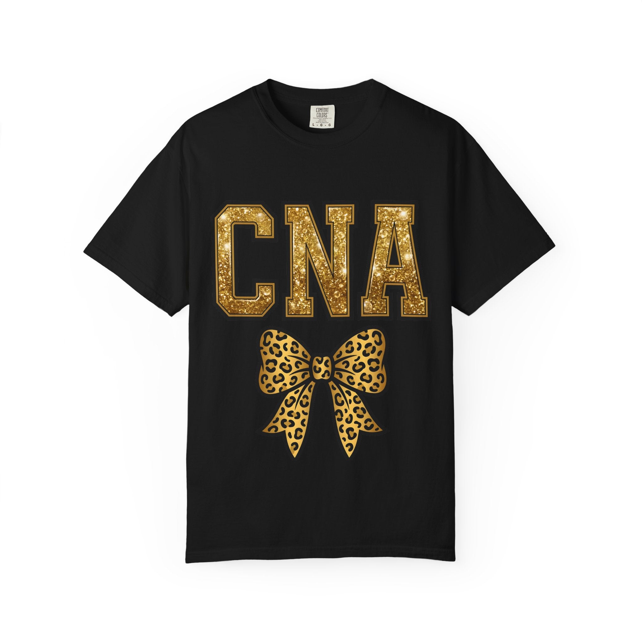 CNA Leopard Bow T Shirt Sparkle Gold Nurse Aide Tee