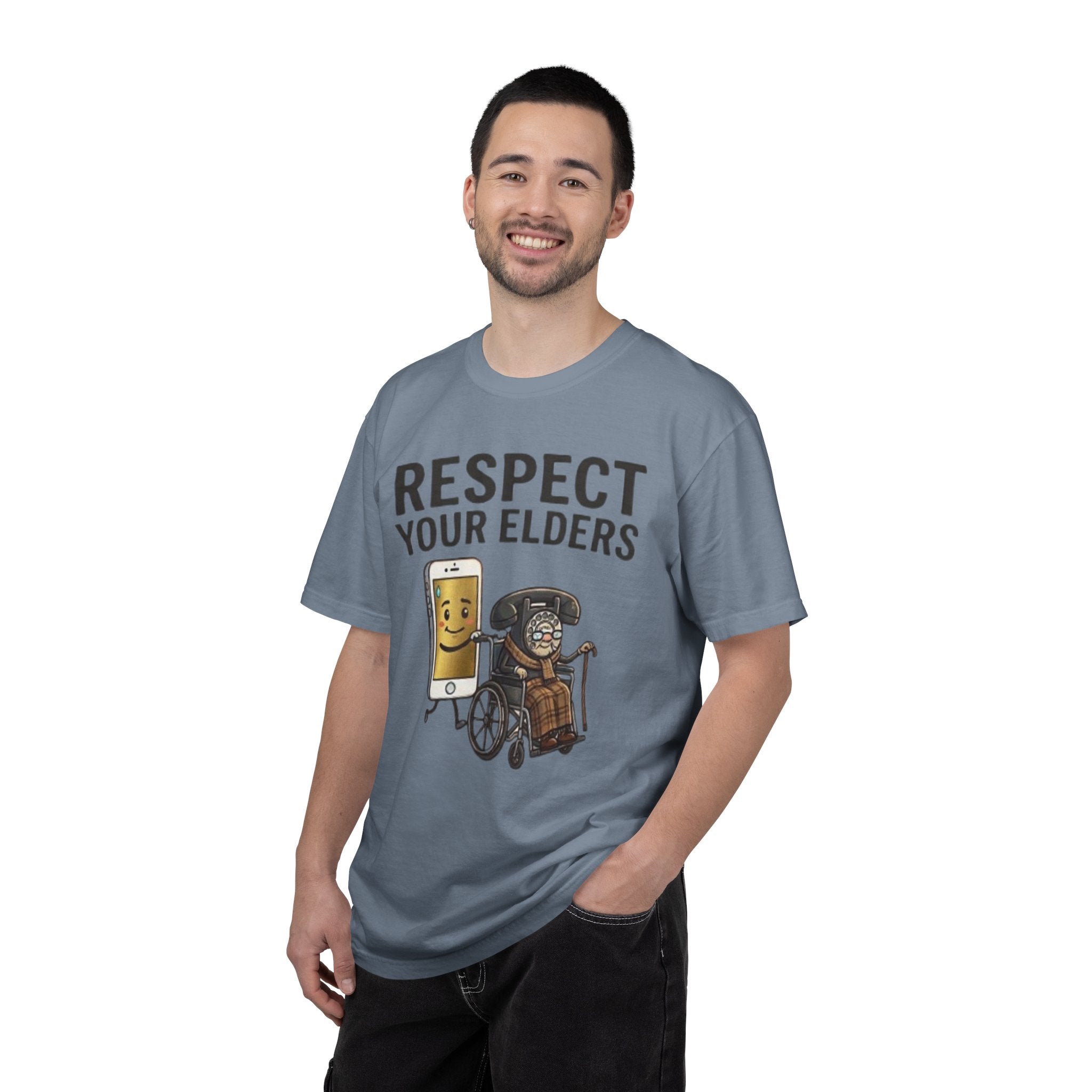 Respect Your Elders T-Shirt  Funny Retro Phone and Wheelchair Graphic Tee