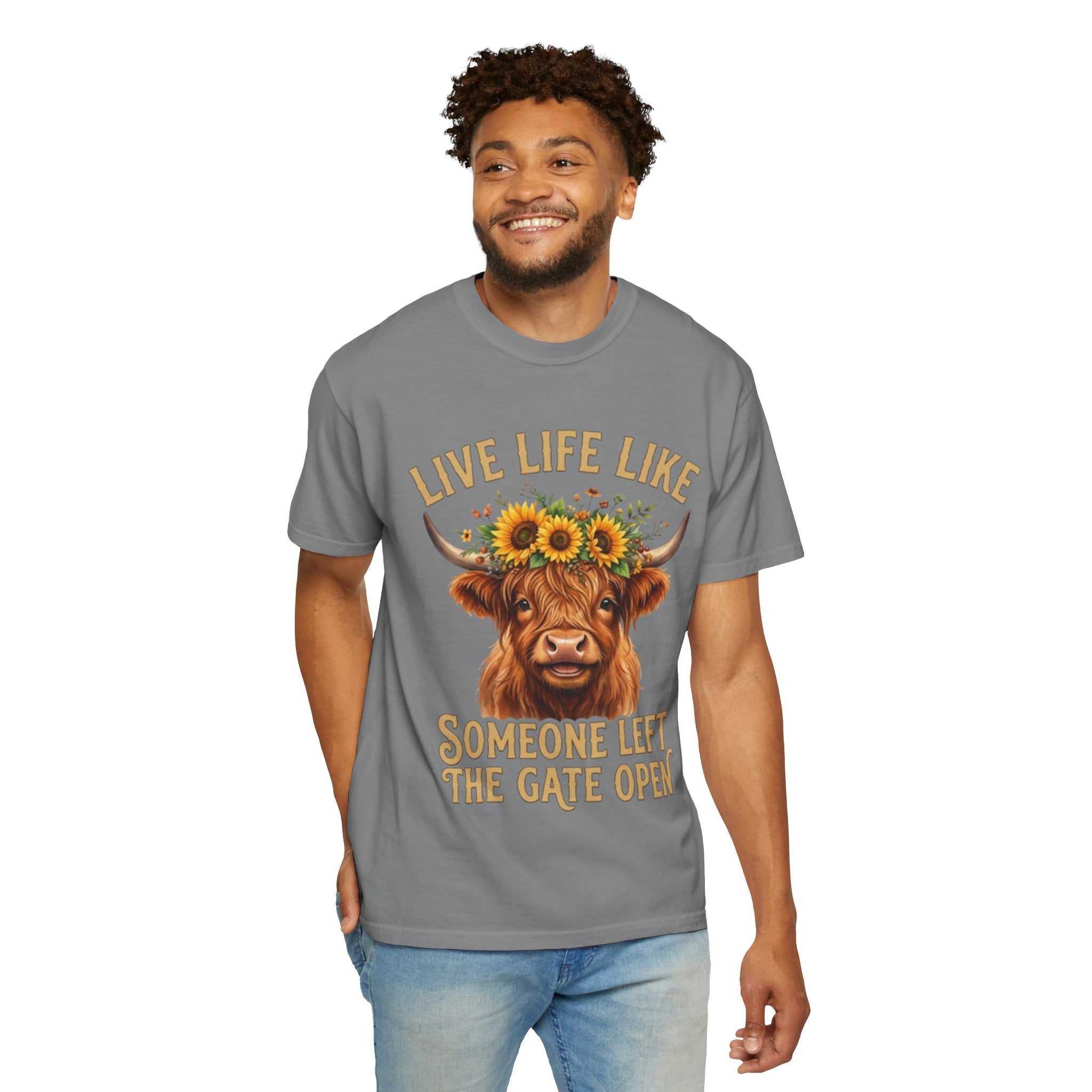 Live Life Like Someone Left the Gate Open Cow TShirt Sunflower Highland Cattle Tee