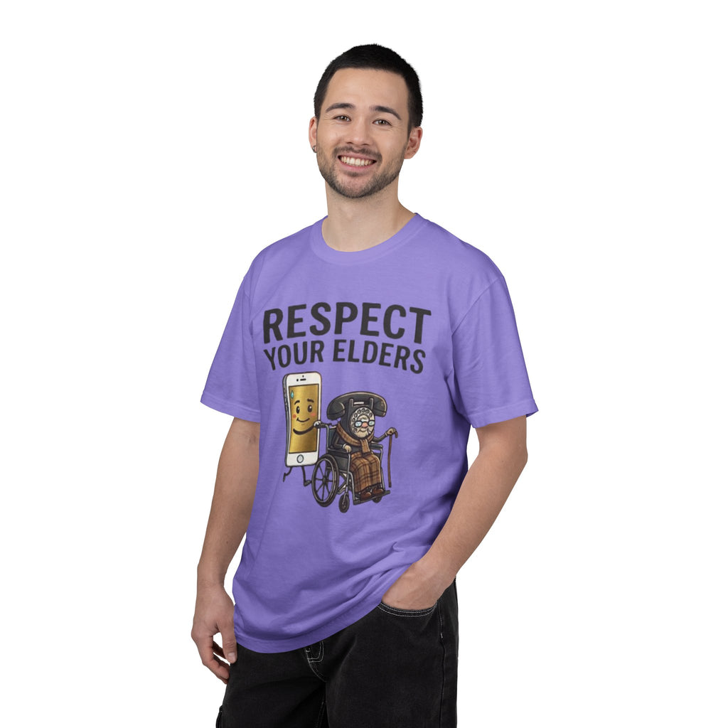 Respect Your Elders T-Shirt  Funny Retro Phone and Wheelchair Graphic Tee