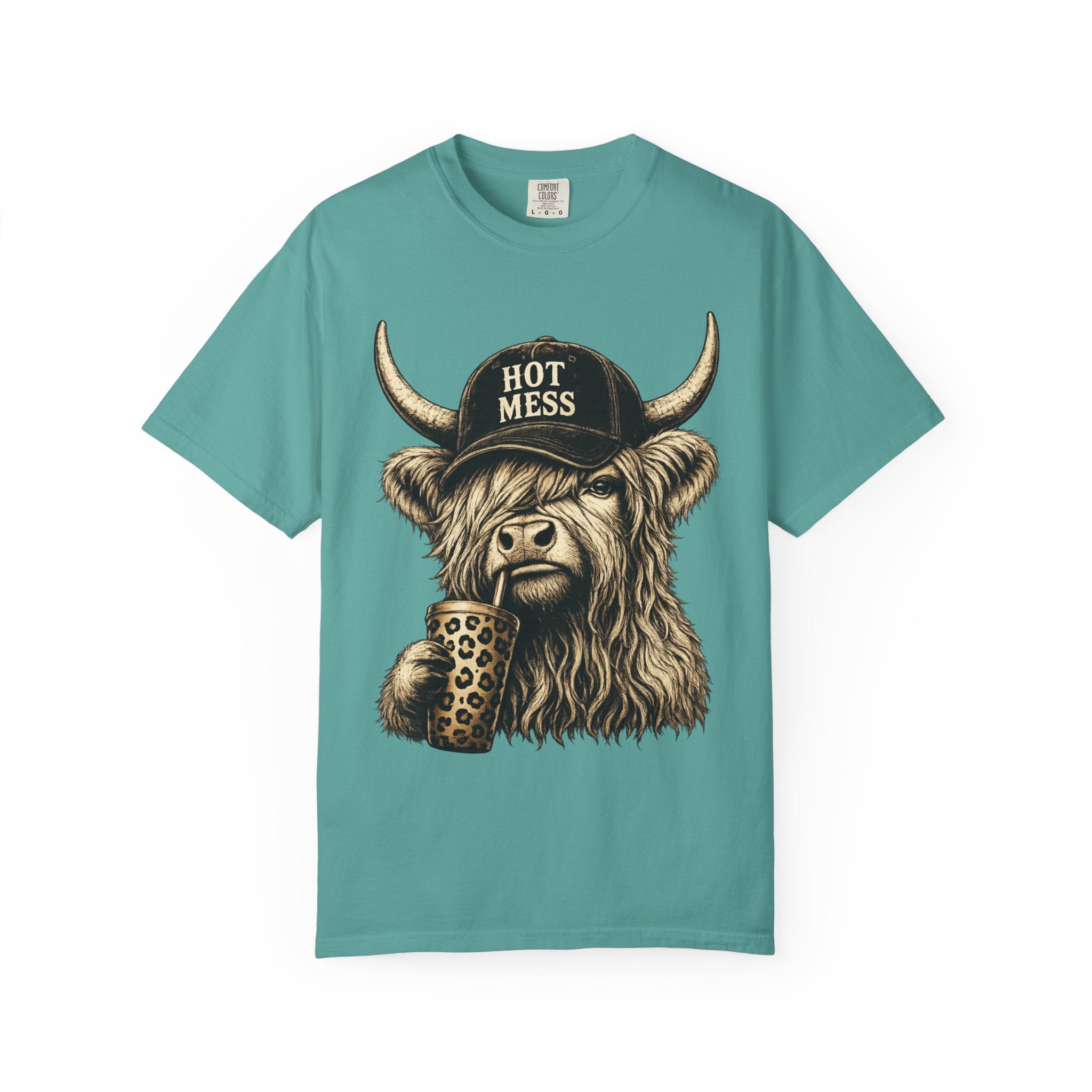 Hot Mess Highland Cow T Shirt Funny Cow with Coffee Graphic