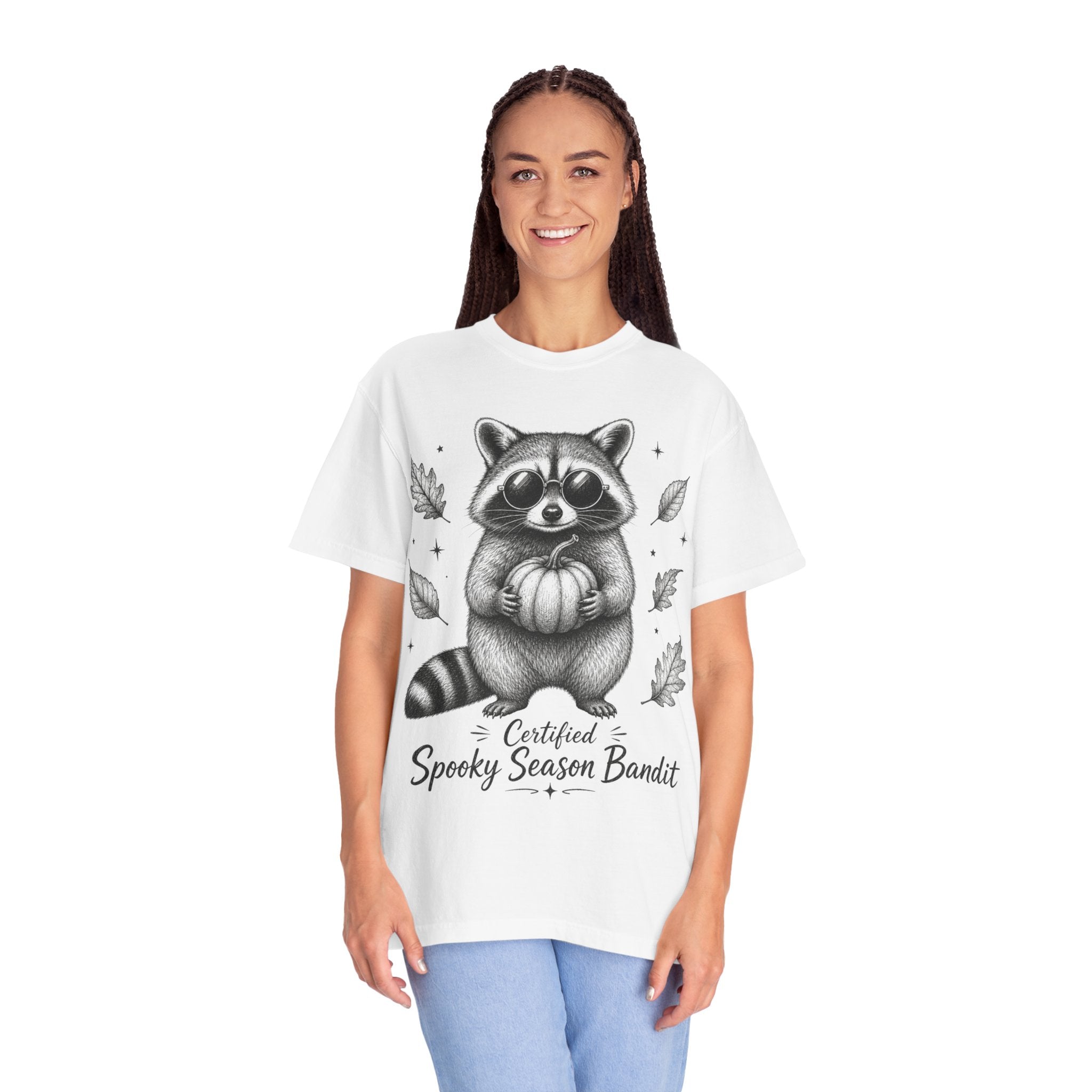 Spooky Season Bandit T Shirt Cute Raccoon Holding Pumpkin Fall Tee