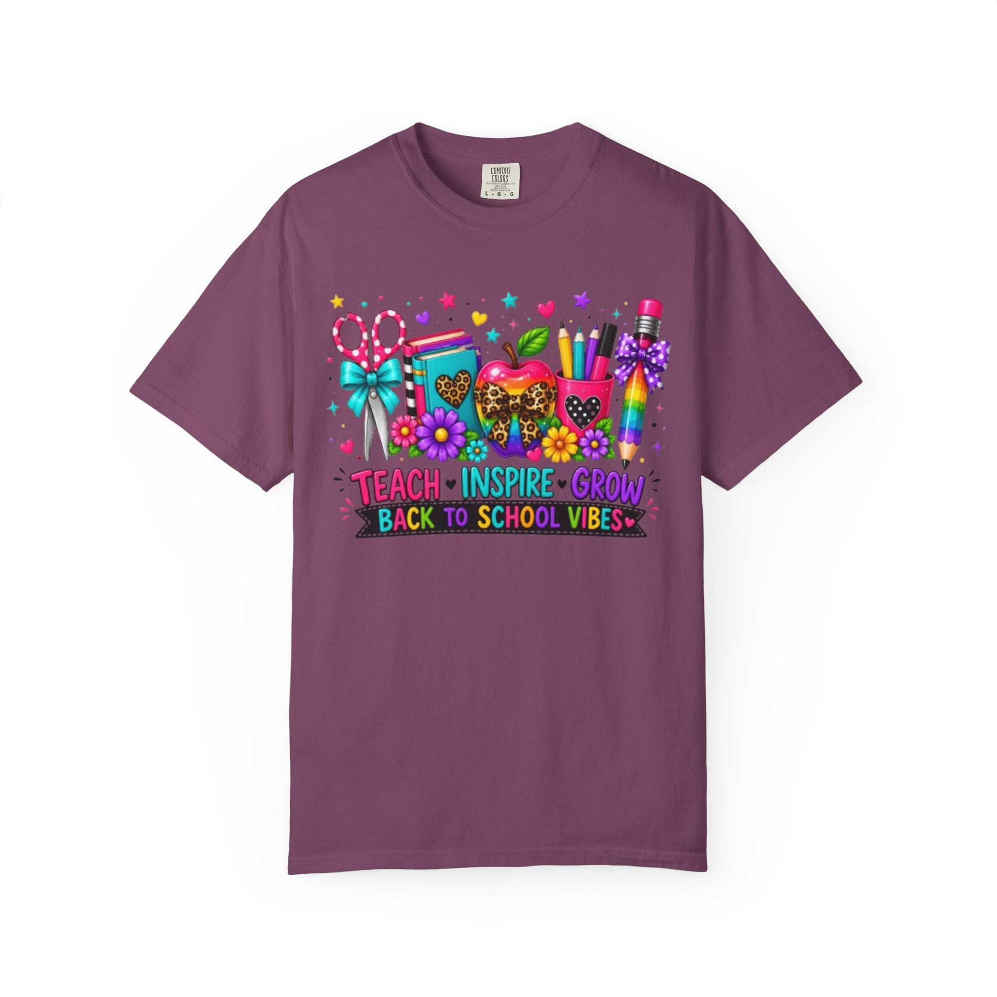 Back to School Teacher T Shirt Teach  Inspire  Grow Colorful School Supplies Tee