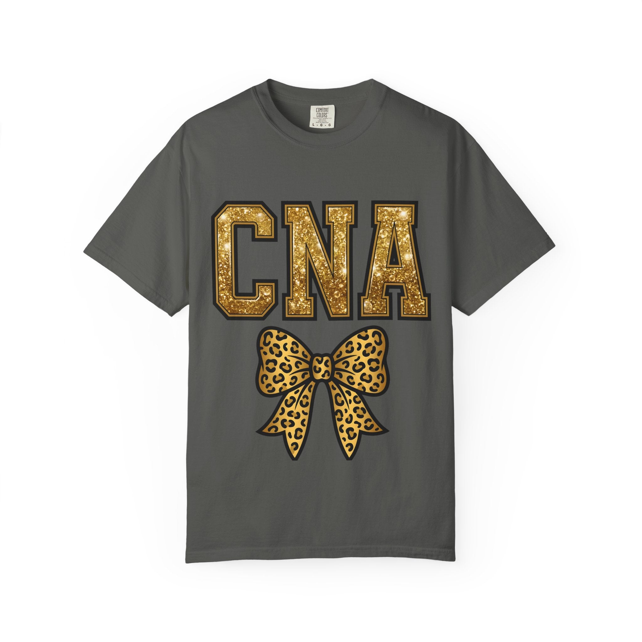 CNA Leopard Bow T Shirt Sparkle Gold Nurse Aide Tee