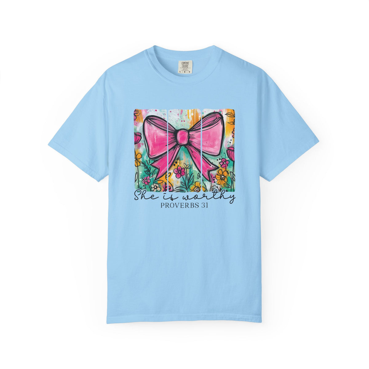 Pink Bow Floral Illustration Tee Shirt | She is Worthy Proverbs 31 Christian Tee