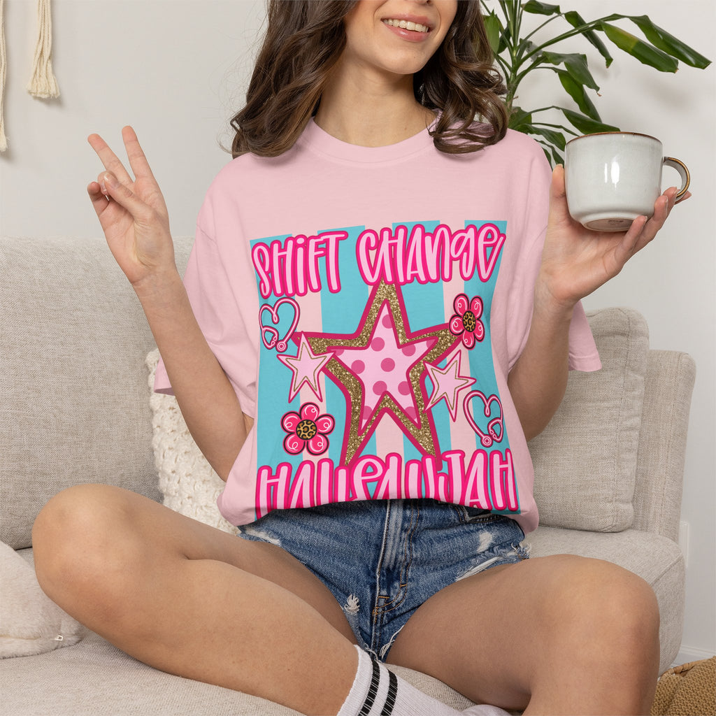 Shift Change Hallelujah T Shirt Cute Pink Star Nurse Worker Tee