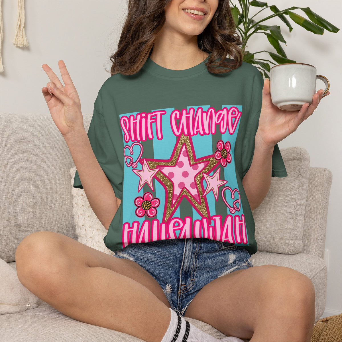Shift Change Hallelujah T Shirt Cute Pink Star Nurse Worker Tee