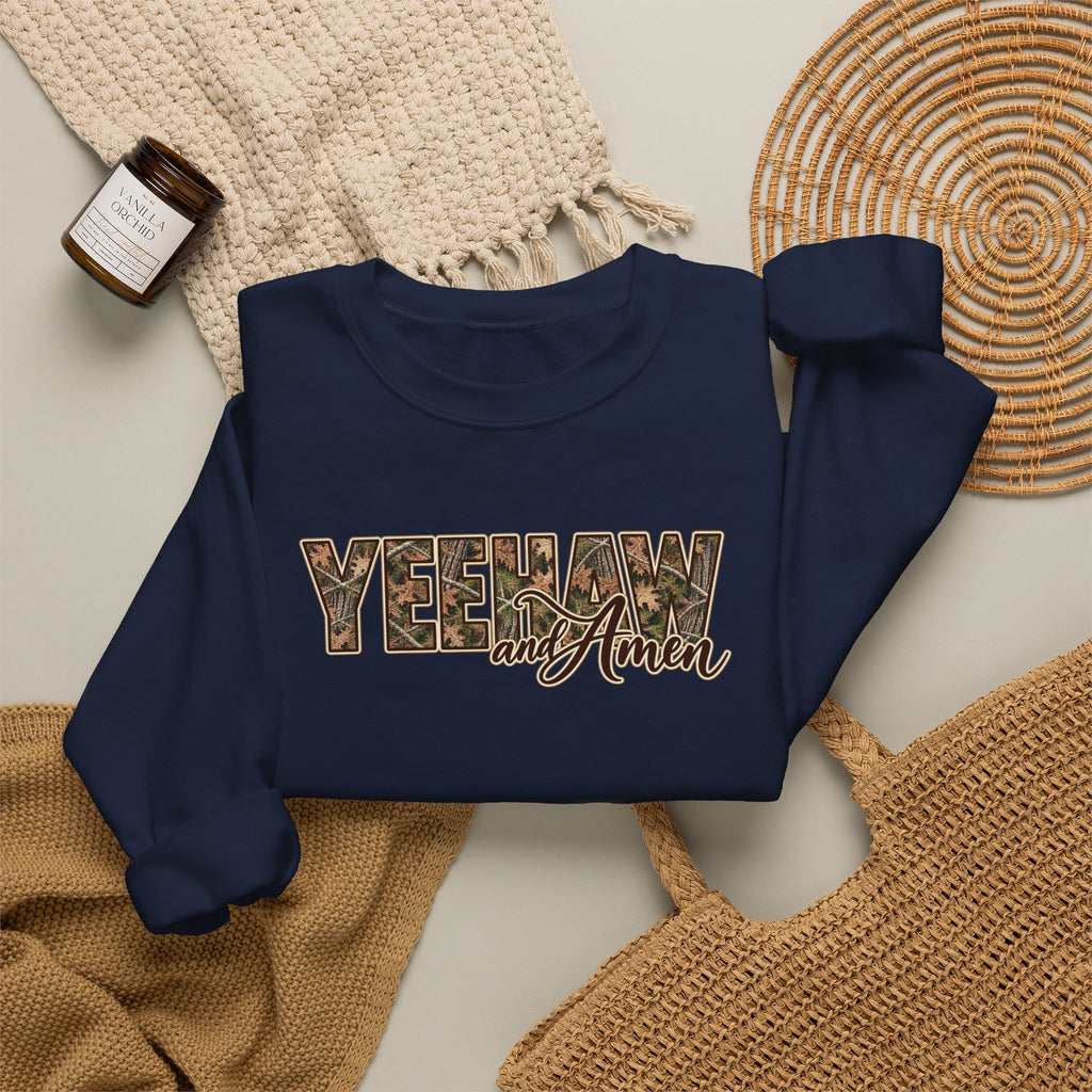 Yeehaw and Amen Camo Sweatshirt, Southern Christian Shirt, Western Cowgirl Sweatshirt, Country Faith Gift, Rustic Graphic Tee