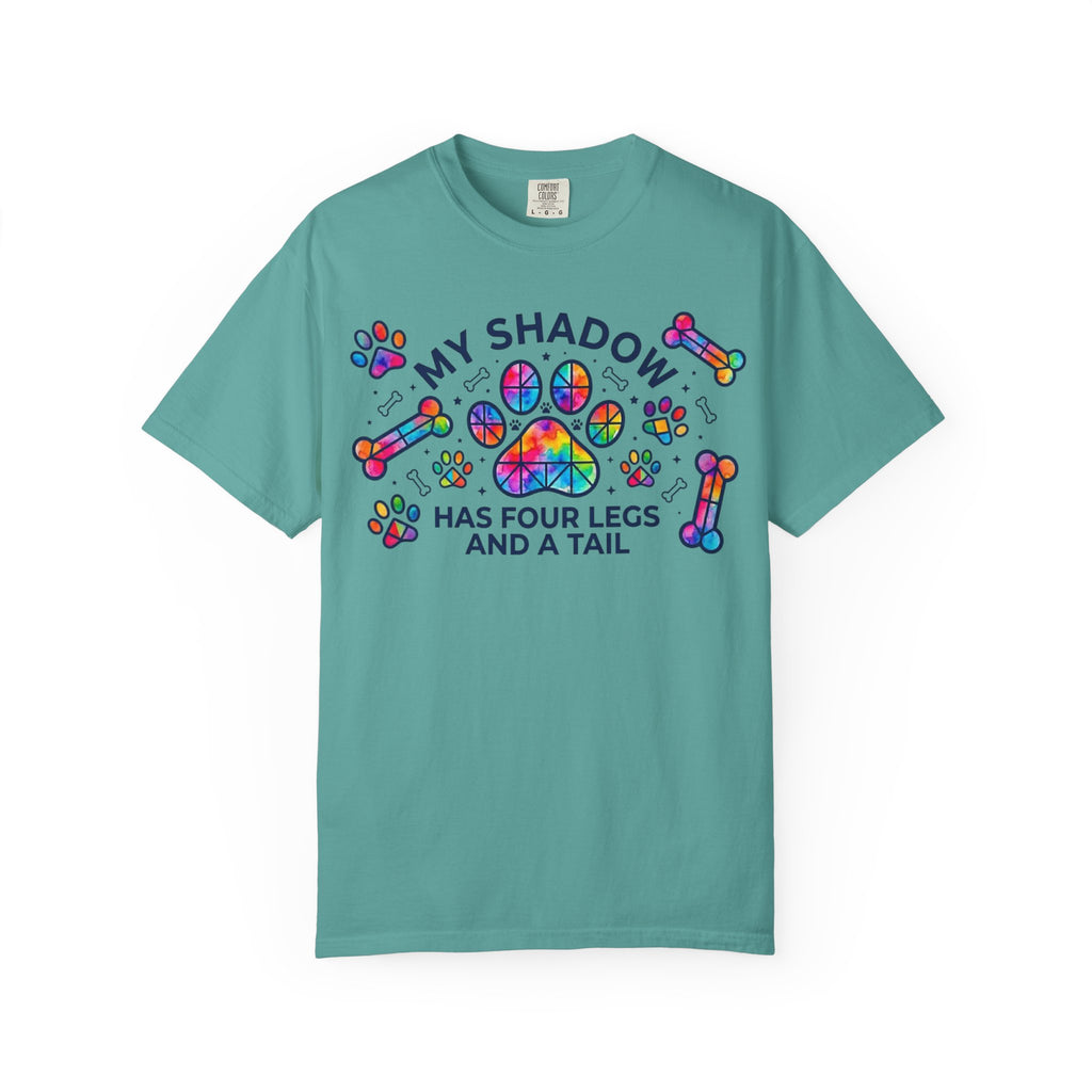 My Shadow Has Four Legs And A Tail T-Shirt Colorful Paw Print Dog Lover Tee