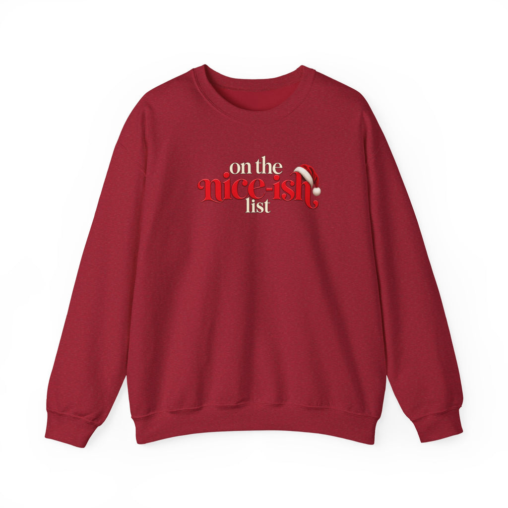 On the Nice-ish List Sweatshirt, Funny Christmas Sweater, Cute Holiday Crewneck, Santa Hat Christmas Shirt, Christmas Gift for Her