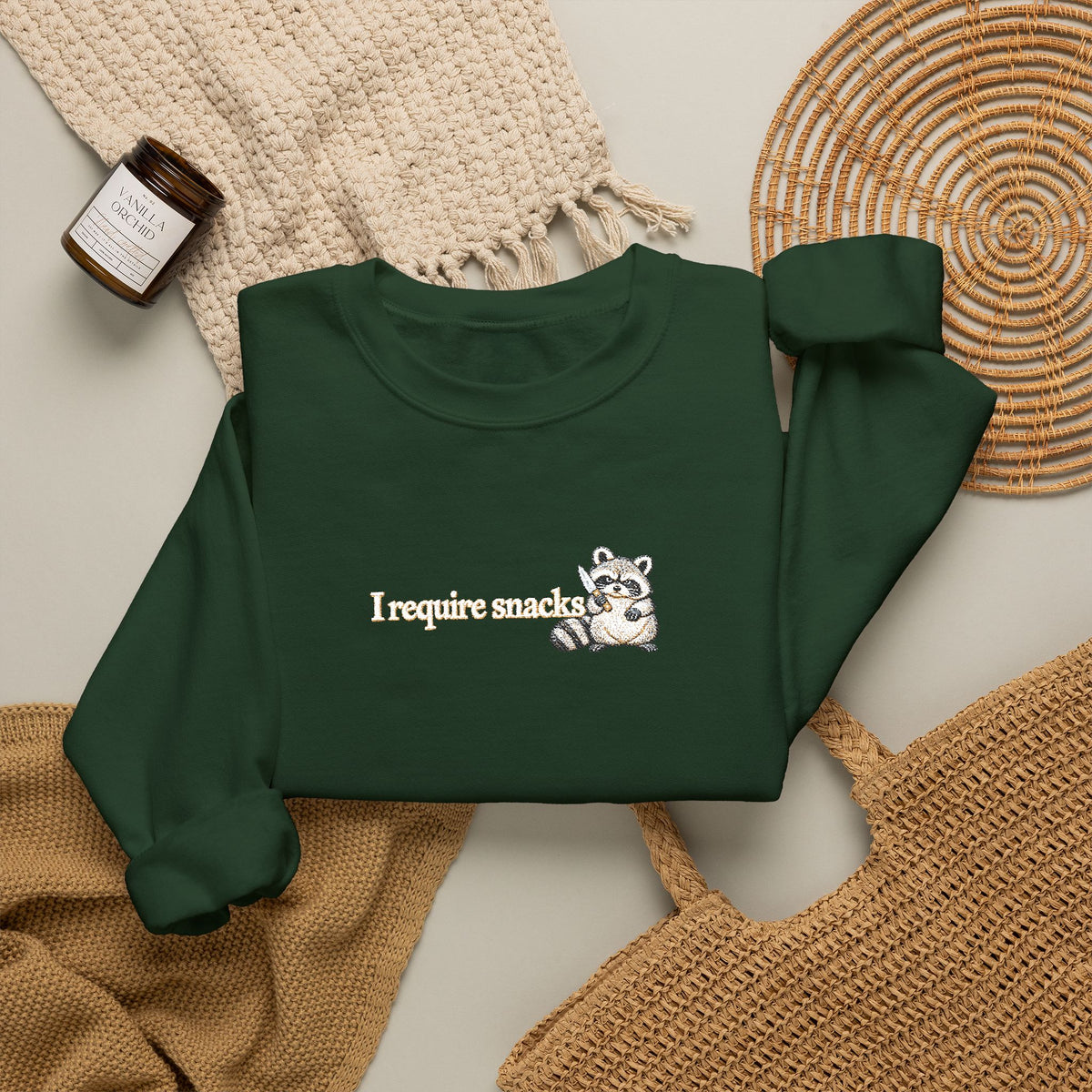I Require Snacks Embroidered Sweatshirt, Funny Raccoon Sweatshirt, Minimalist Embroidery, Sarcastic Animal Lover Gift, Cozy Crewneck