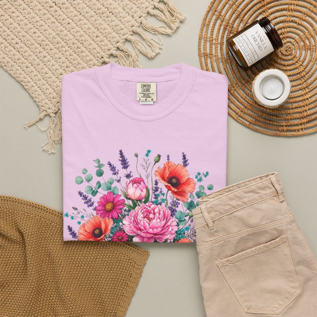 Floral Bouquet T Shirt  Pink Peony and Poppy Garden Tee