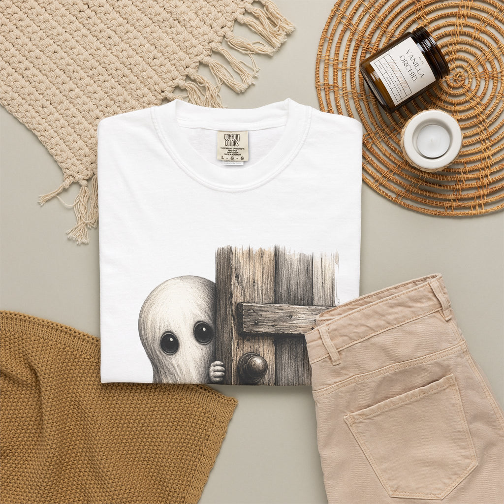 Ghost Peeking Behind Door Tee Shirt Cute Spooky Halloween Tee