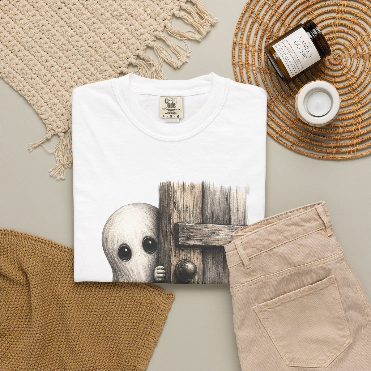 Ghost Peeking Behind Door Tee Shirt Cute Spooky Halloween Tee