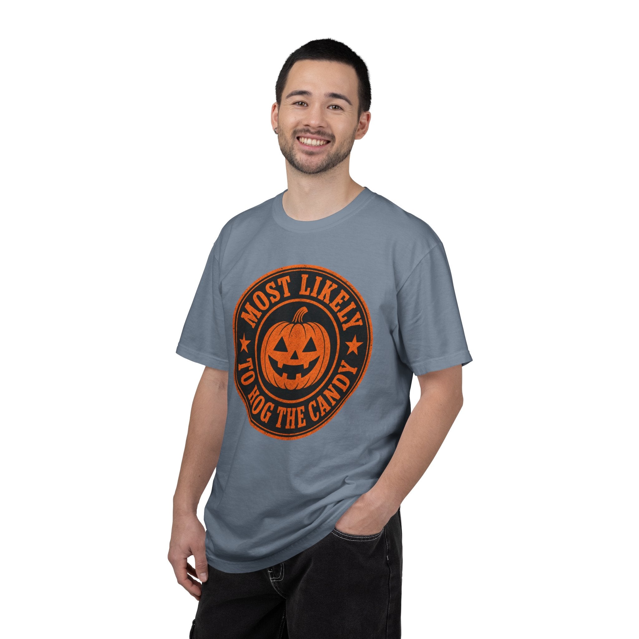 Most Likely to Hog the Candy Halloween T Shirt Jack-O Lantern Pumpkin Graphic Tee