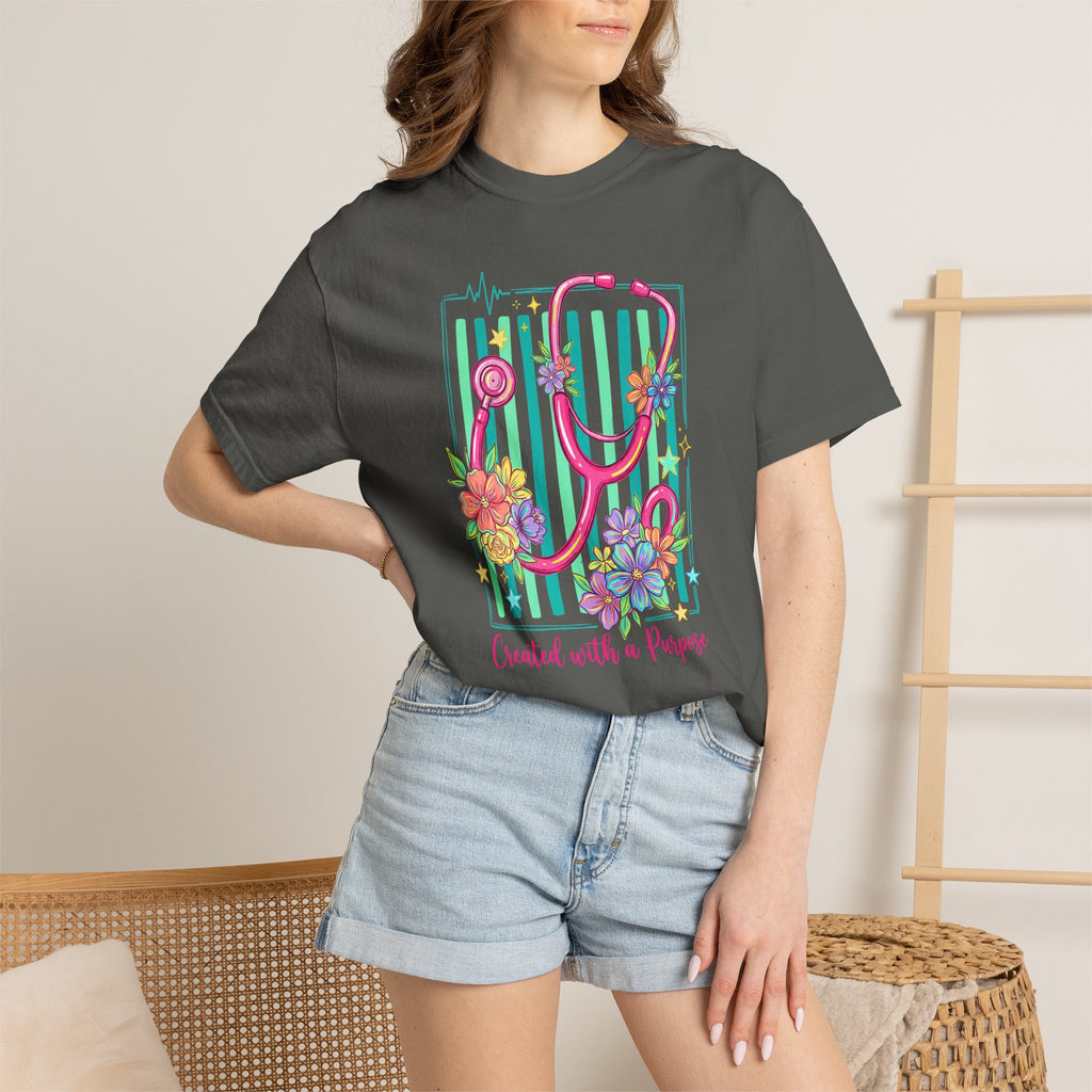 Created With a Purpose Nurse Shirt, Floral Stethoscope Tee, Comfort Colors Nurse T-Shirt, Nursing Student Gift, Nurse Appreciation Gift
