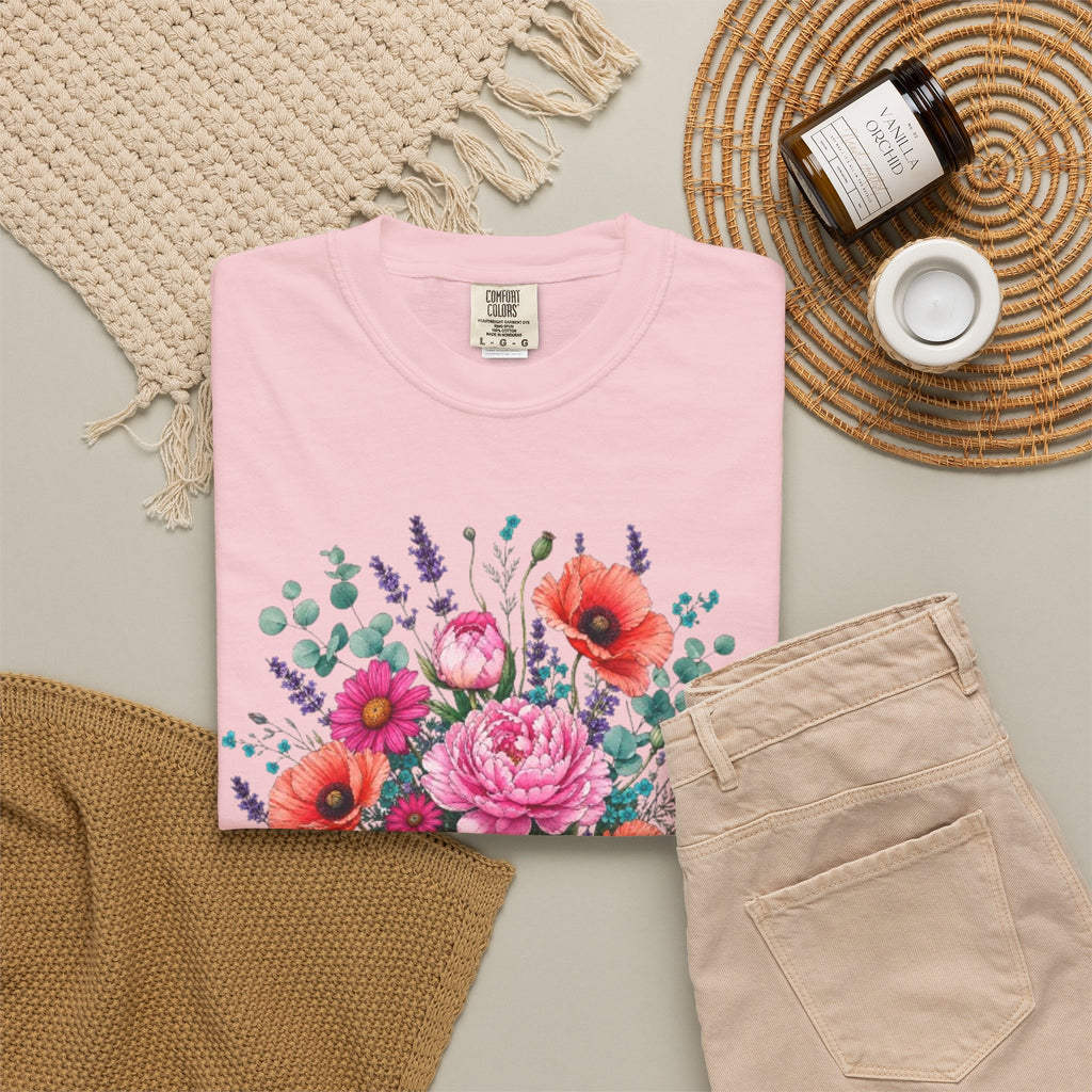 Floral Bouquet T Shirt  Pink Peony and Poppy Garden Tee