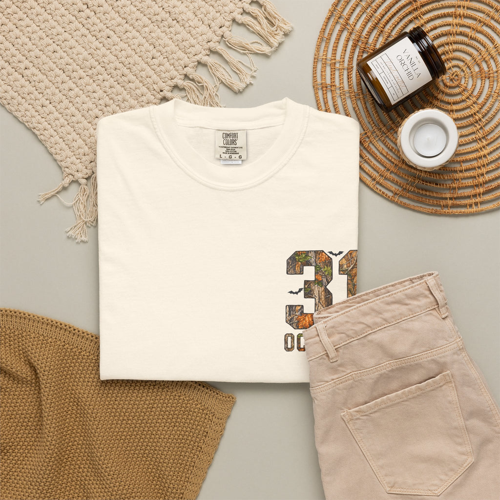 Halloween Ghost Treehouse T Shirt Front and Back 31 October Camo Pumpkin Tee