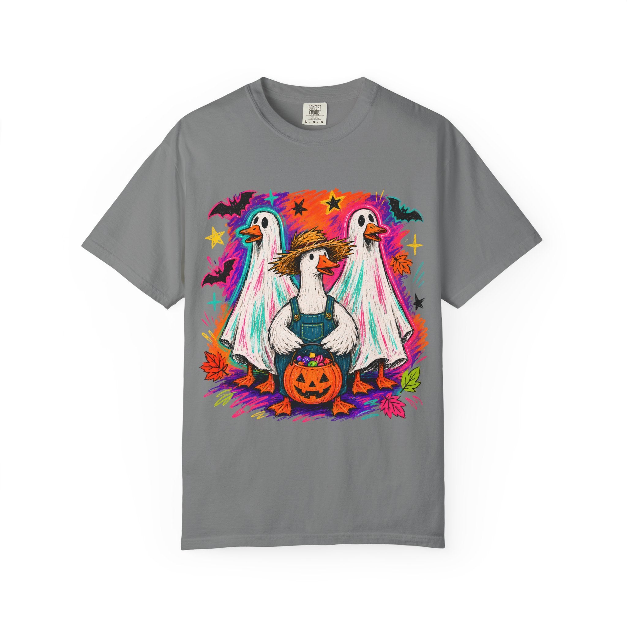 Halloween Goose T Shirt Cute Goose in Ghost Costume with Pumpkin Illustration