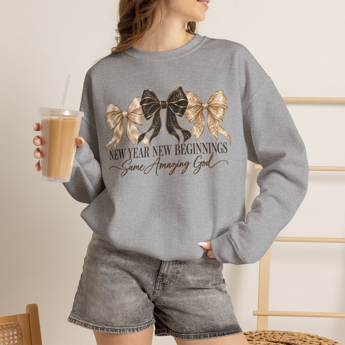 Christian New Year Sweatshirt, New Year New Beginnings Same Amazing God, Coquette Bow Crewneck, Faith Based New Years Eve Outfit, Christian