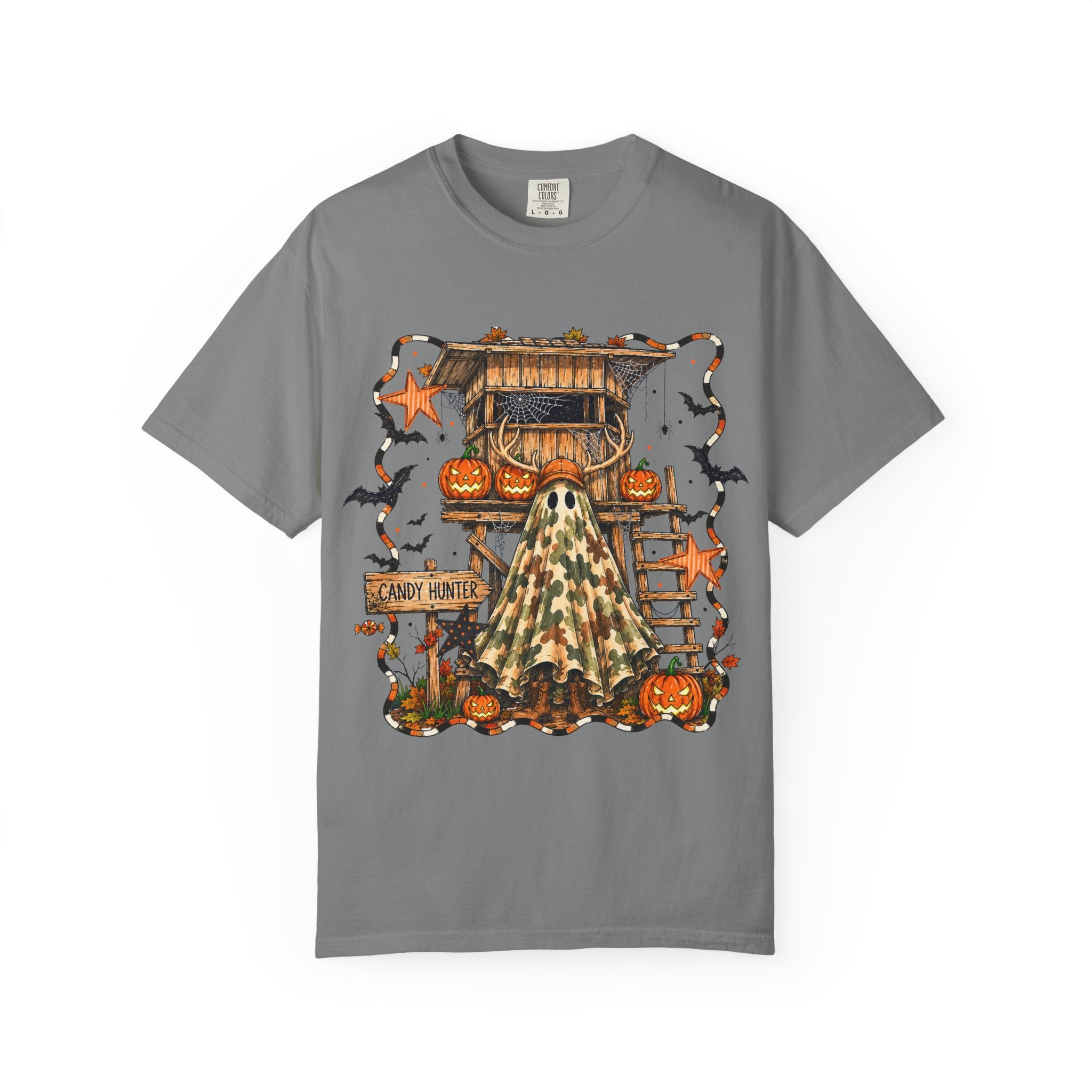Halloween Ghost Treehouse T-Shirt Front and Back 31 October Camo Pumpkin Tee