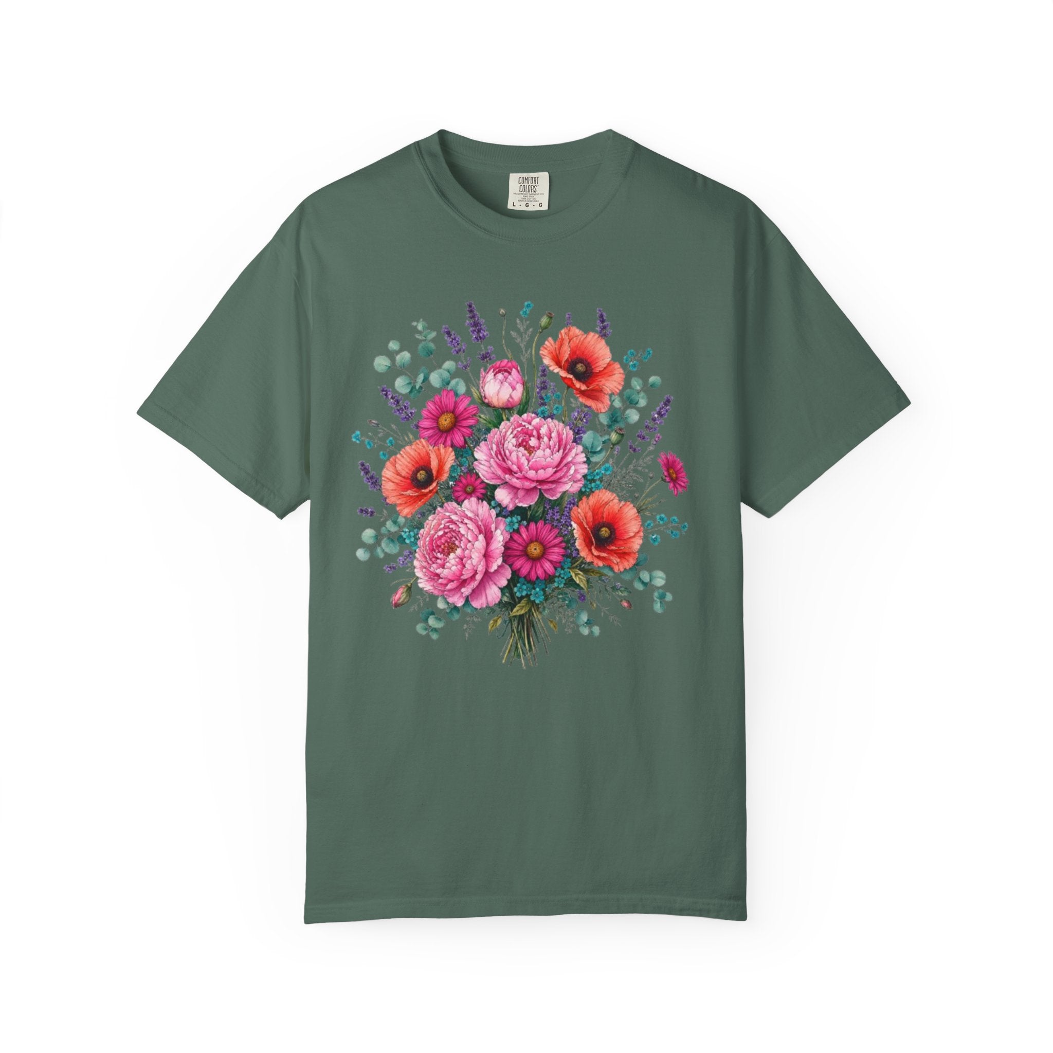 Floral Bouquet T Shirt  Pink Peony and Poppy Garden Tee