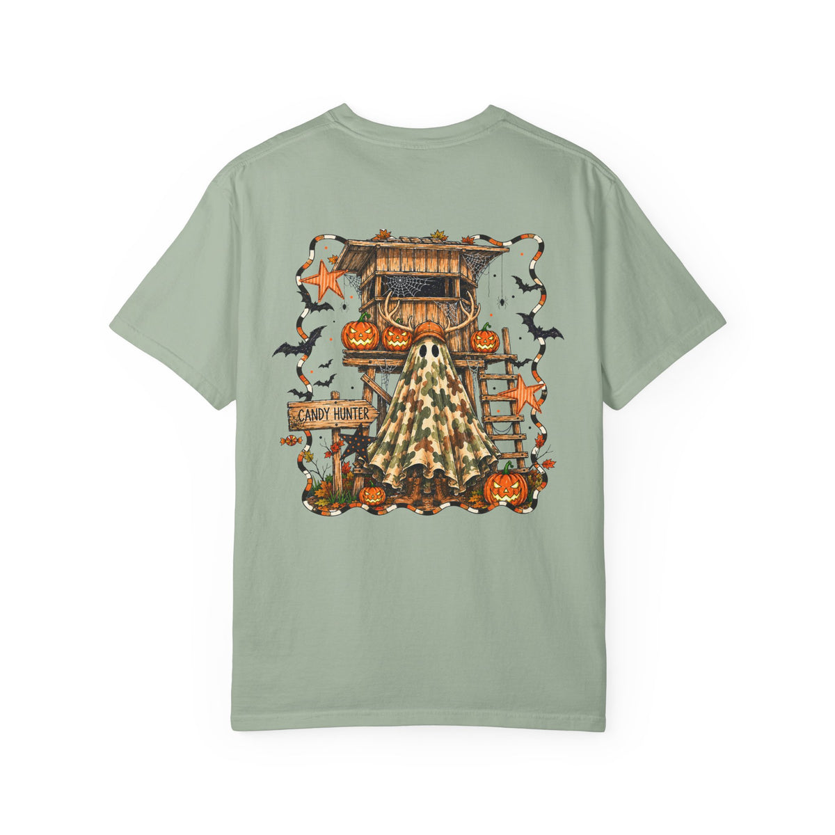 Halloween Ghost Treehouse T Shirt Front and Back 31 October Camo Pumpkin Tee