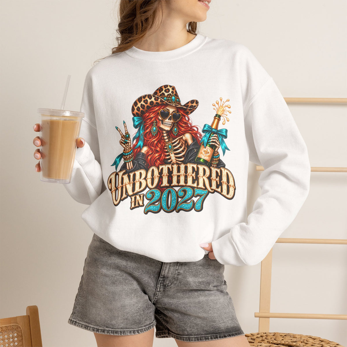 Unbothered in 2027 Sweatshirt, Funny New Years Shirt, Western Cowgirl Skeleton Crewneck, Sassy New Year Outfit, Leopard Print Gift