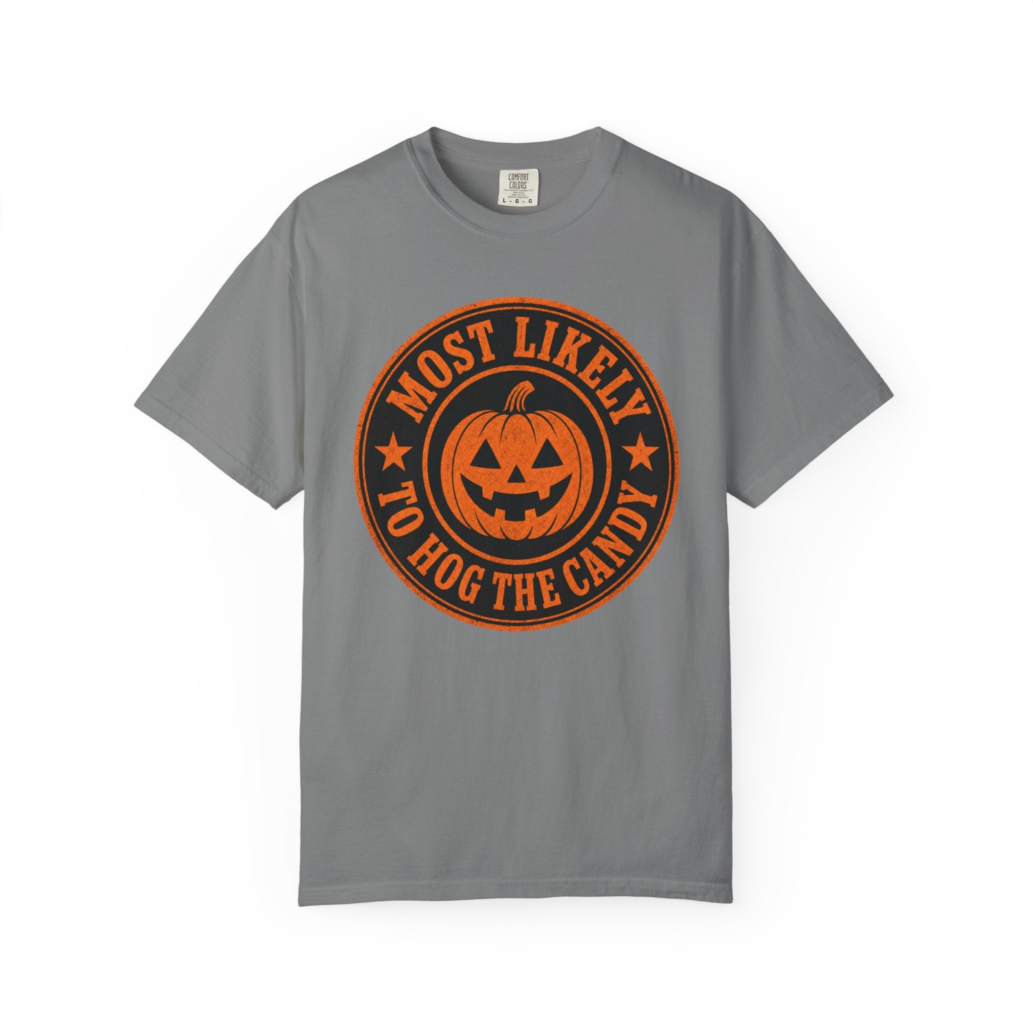 Most Likely to Hog the Candy Halloween T Shirt Jack-O Lantern Pumpkin Graphic Tee