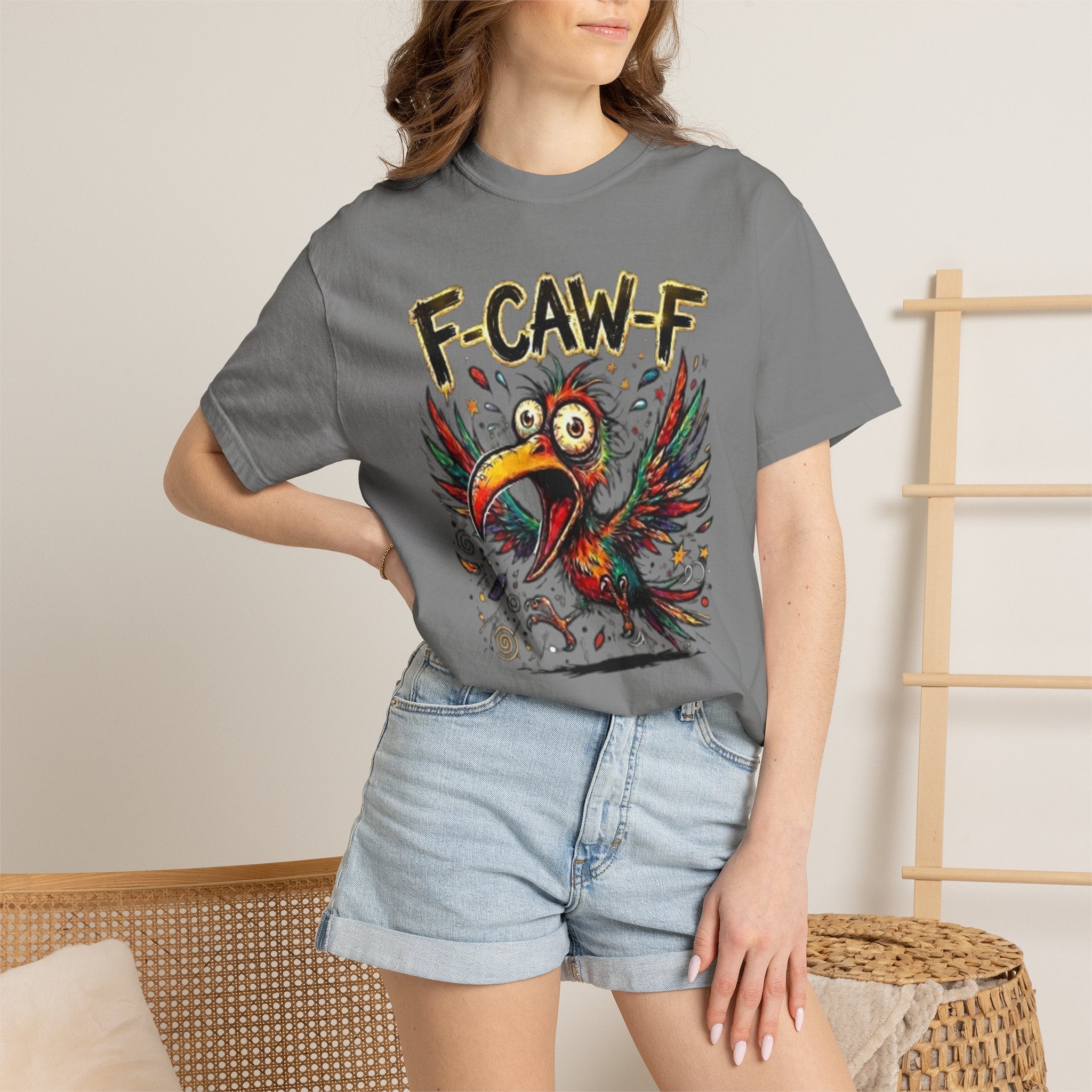 F-CAW-F Cartoon Parrot T-Shirt Colorful Tropical Bird Graphic Tee
