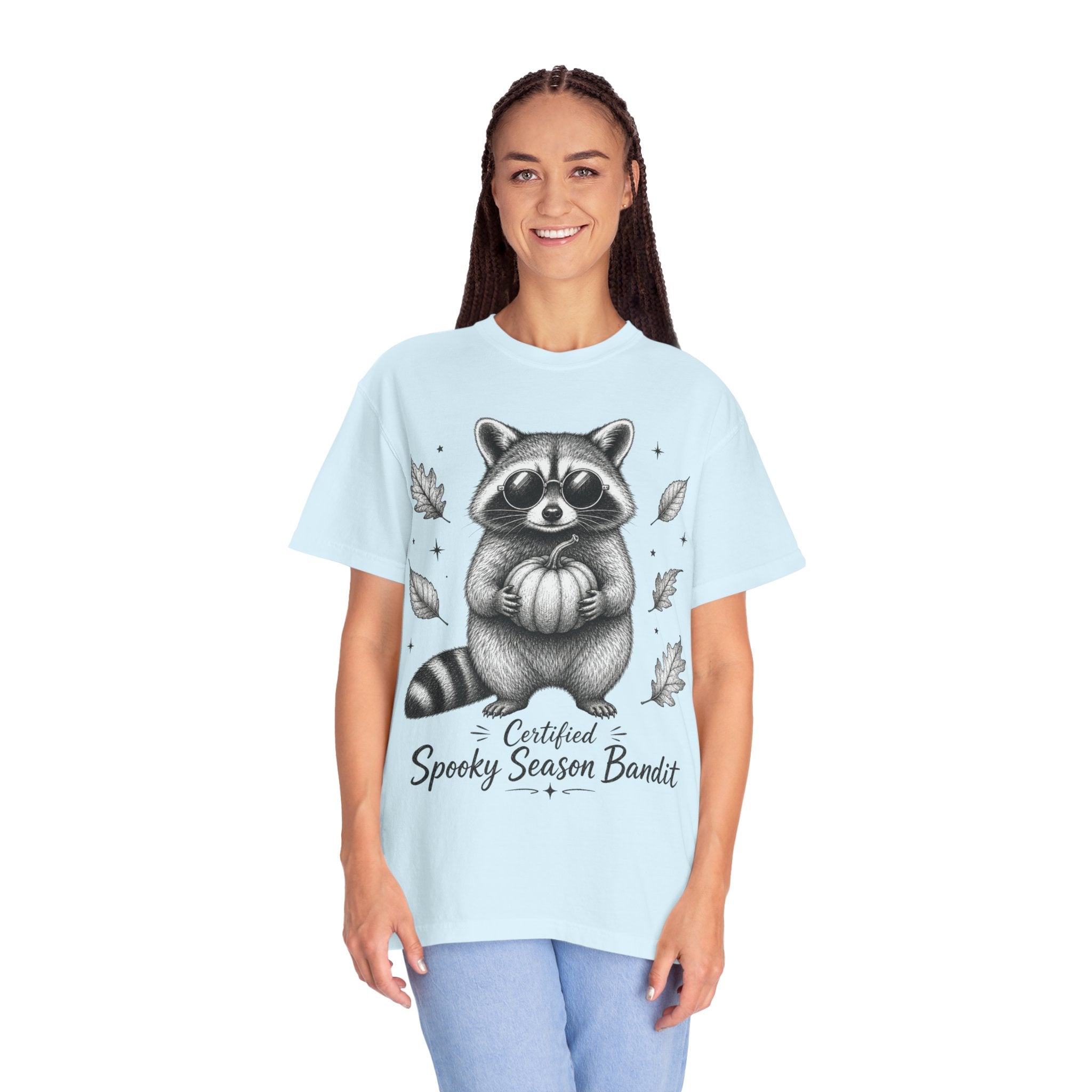 Spooky Season Bandit T Shirt Cute Raccoon Holding Pumpkin Fall Tee