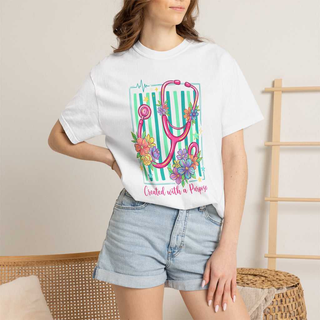 Created With a Purpose Nurse Shirt, Floral Stethoscope Tee, Comfort Colors Nurse T-Shirt, Nursing Student Gift, Nurse Appreciation Gift