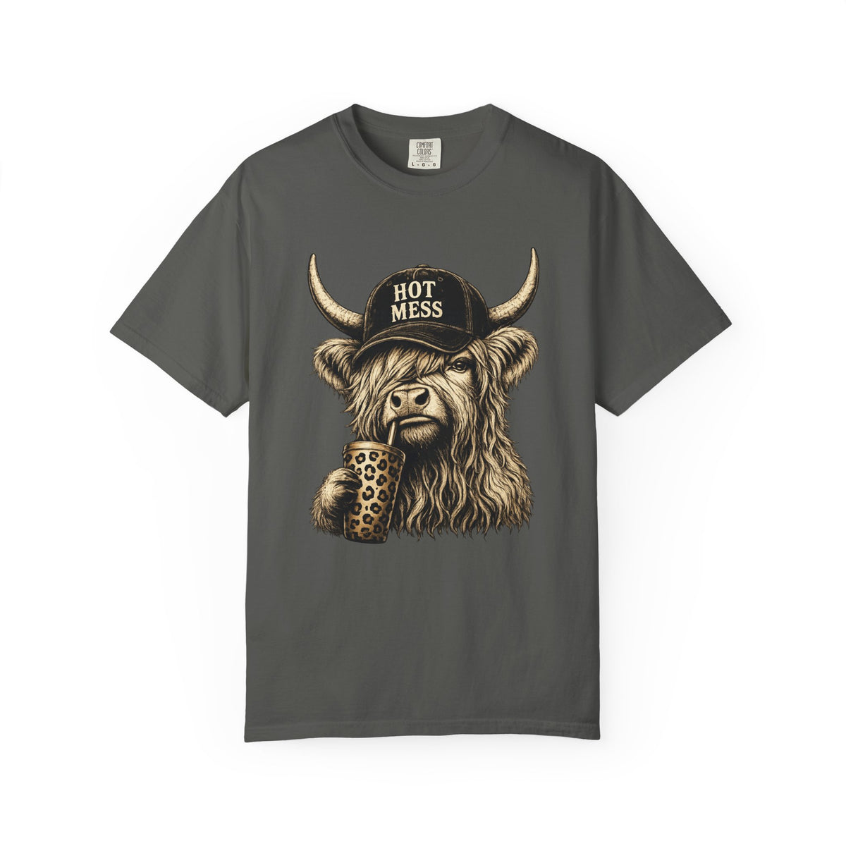 Hot Mess Highland Cow T Shirt Funny Cow with Coffee Graphic