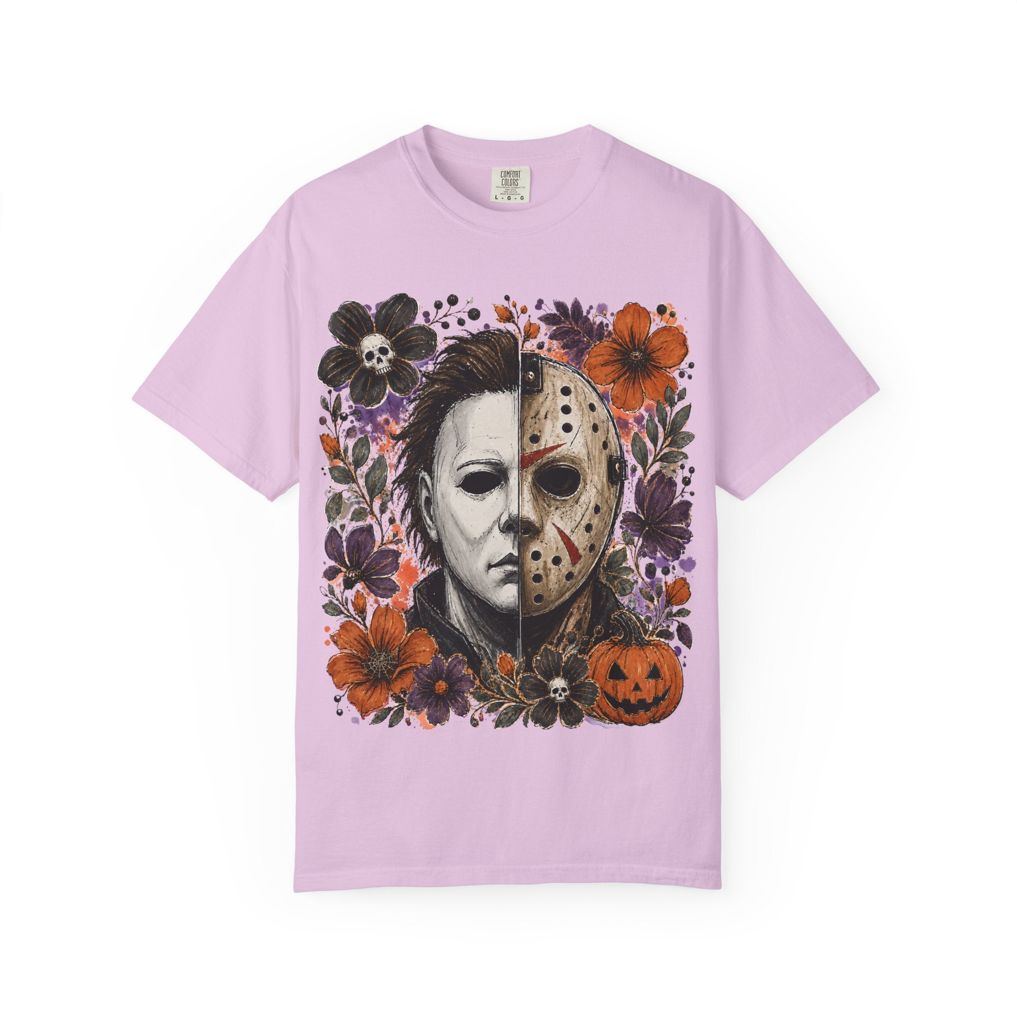 Horror Split Face Floral T Shirt Michael Myers and Jason Halloween Tee