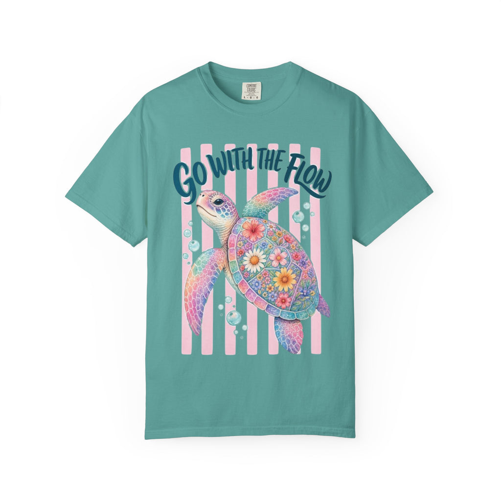T-Shirt Go With The Flow Floral Sea Turtle Graphic Tee