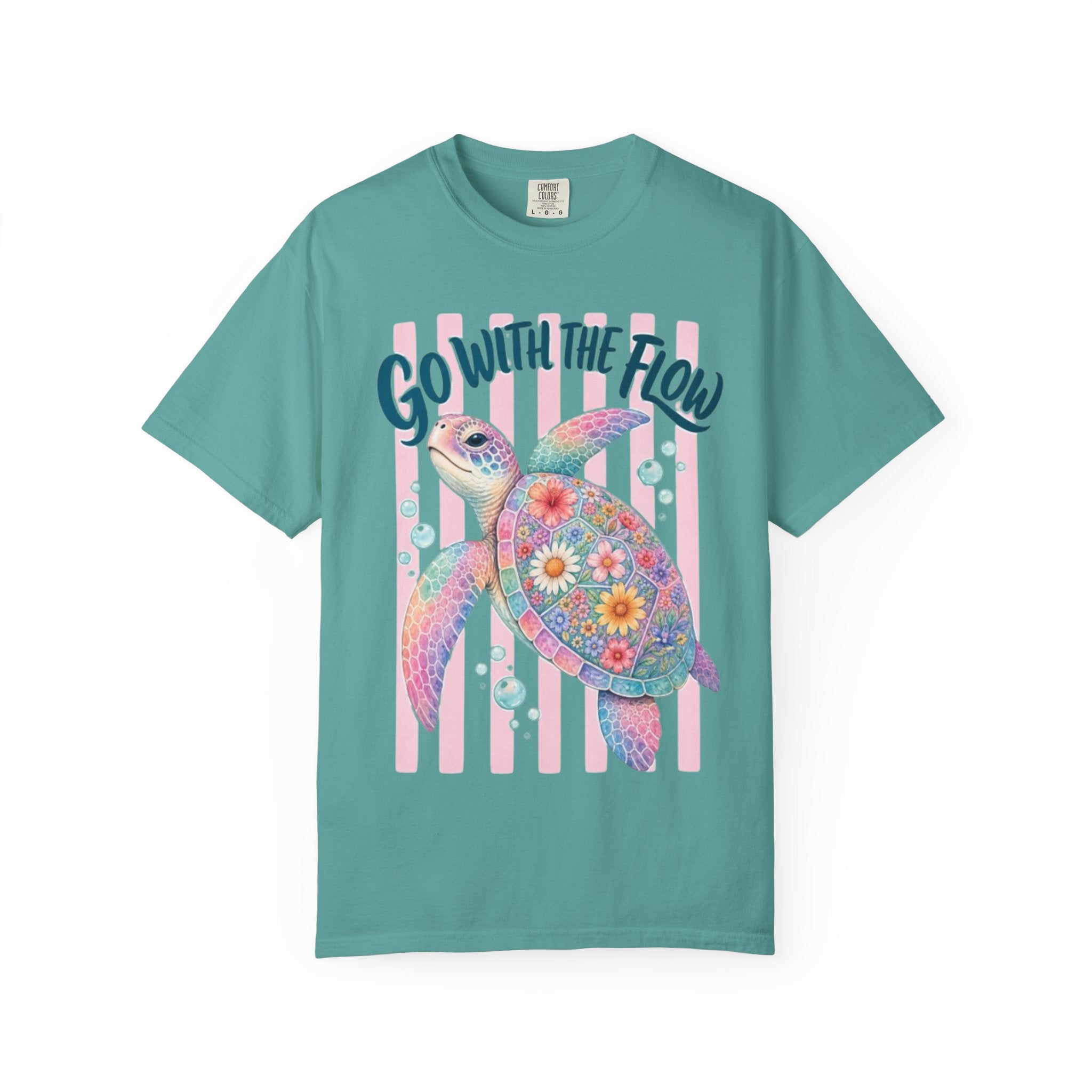 T-Shirt Go With The Flow Floral Sea Turtle Graphic Tee