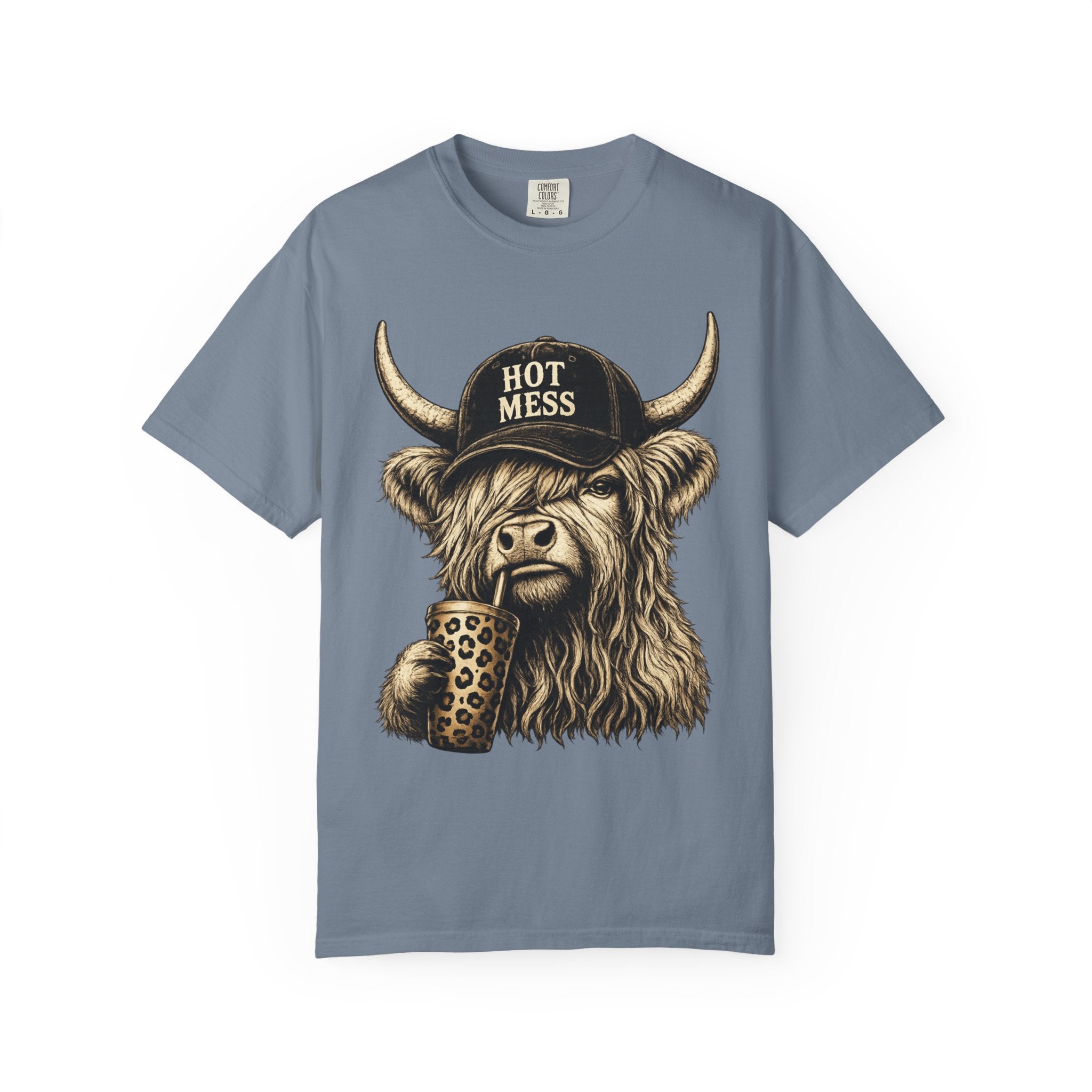 Hot Mess Highland Cow T Shirt Funny Cow with Coffee Graphic