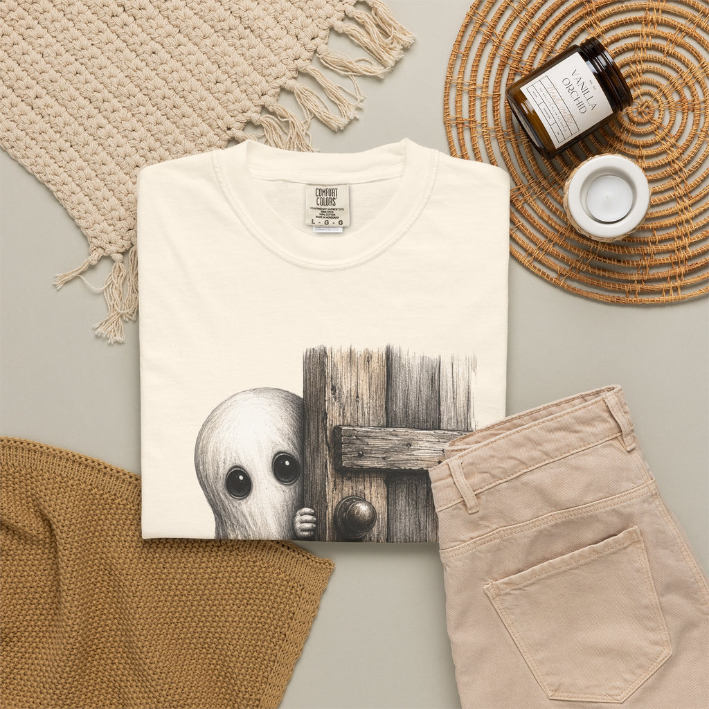 Ghost Peeking Behind Door Tee Shirt Cute Spooky Halloween Tee
