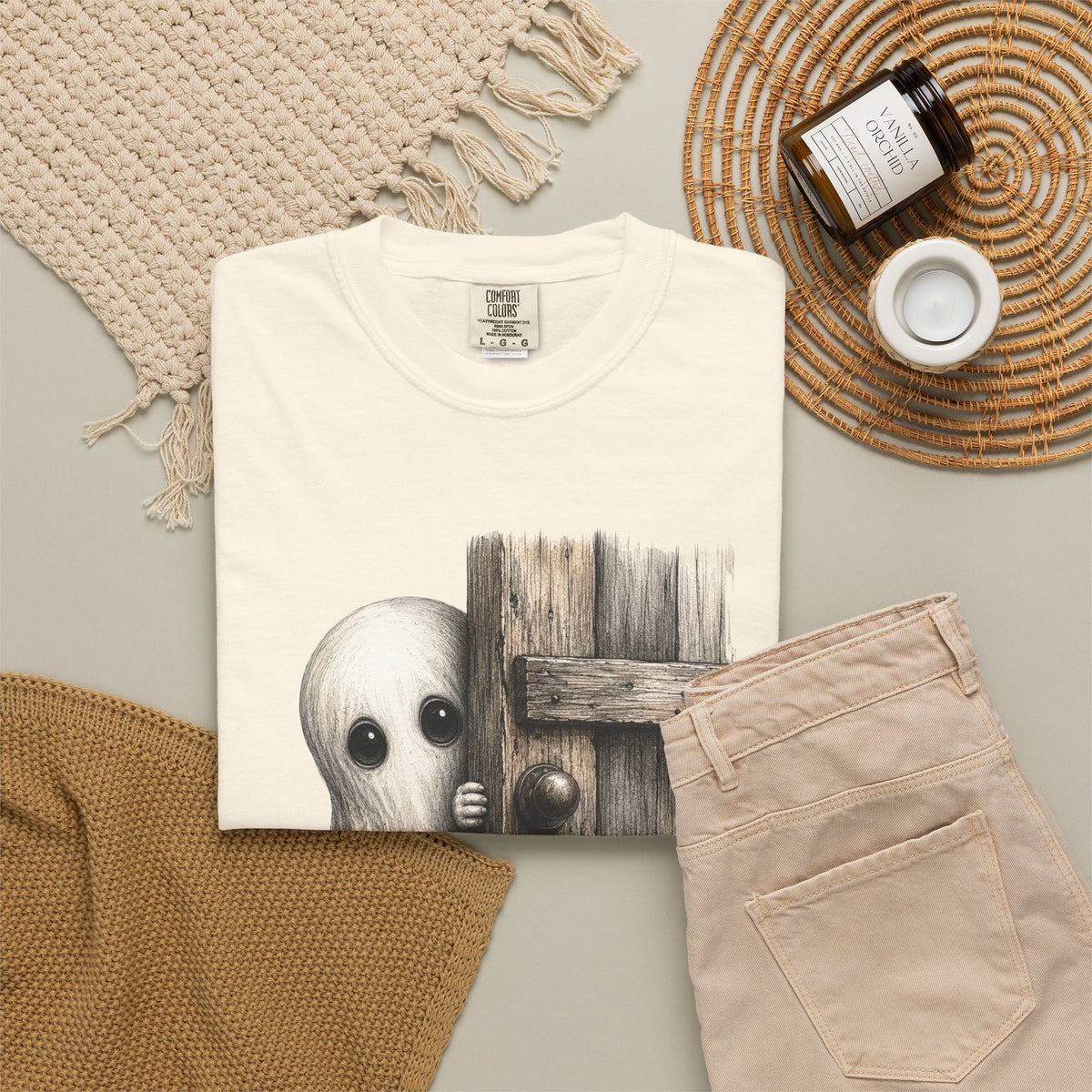 Ghost Peeking Behind Door Tee Shirt Cute Spooky Halloween Tee