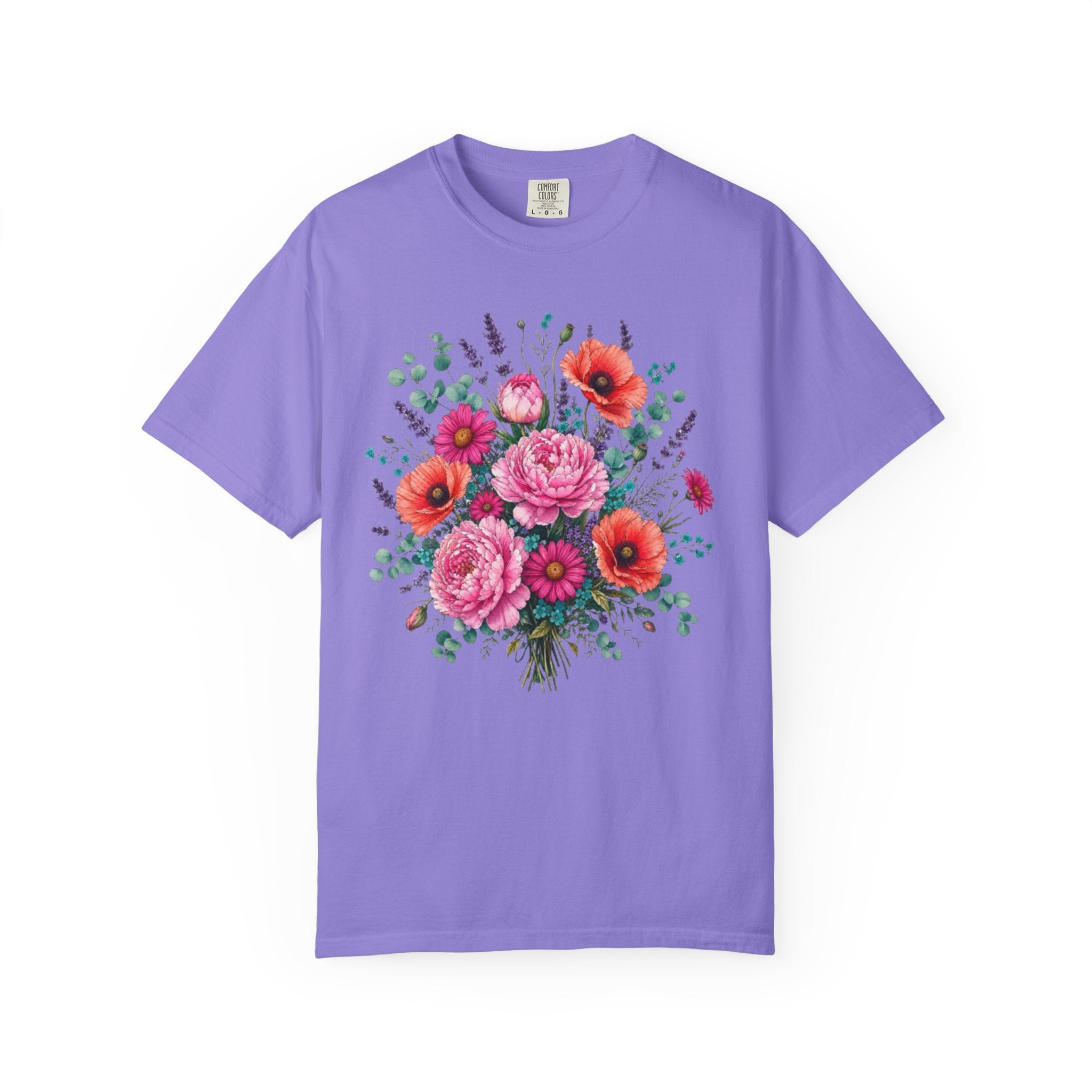 Floral Bouquet T Shirt  Pink Peony and Poppy Garden Tee
