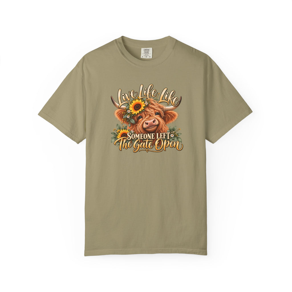 Live Life Like Someone Left the Gate Open Cow T Shirt Sunflower Highland Cattle Tee