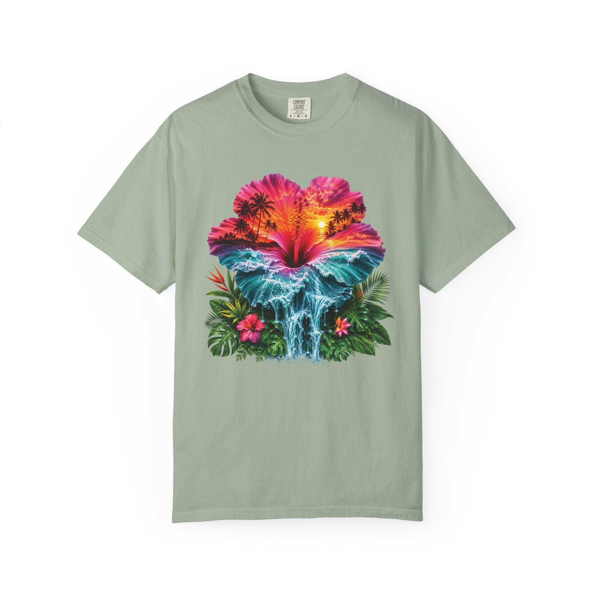 T Shirt Tropical Hibiscus Waterfall Sunset Graphic Tee