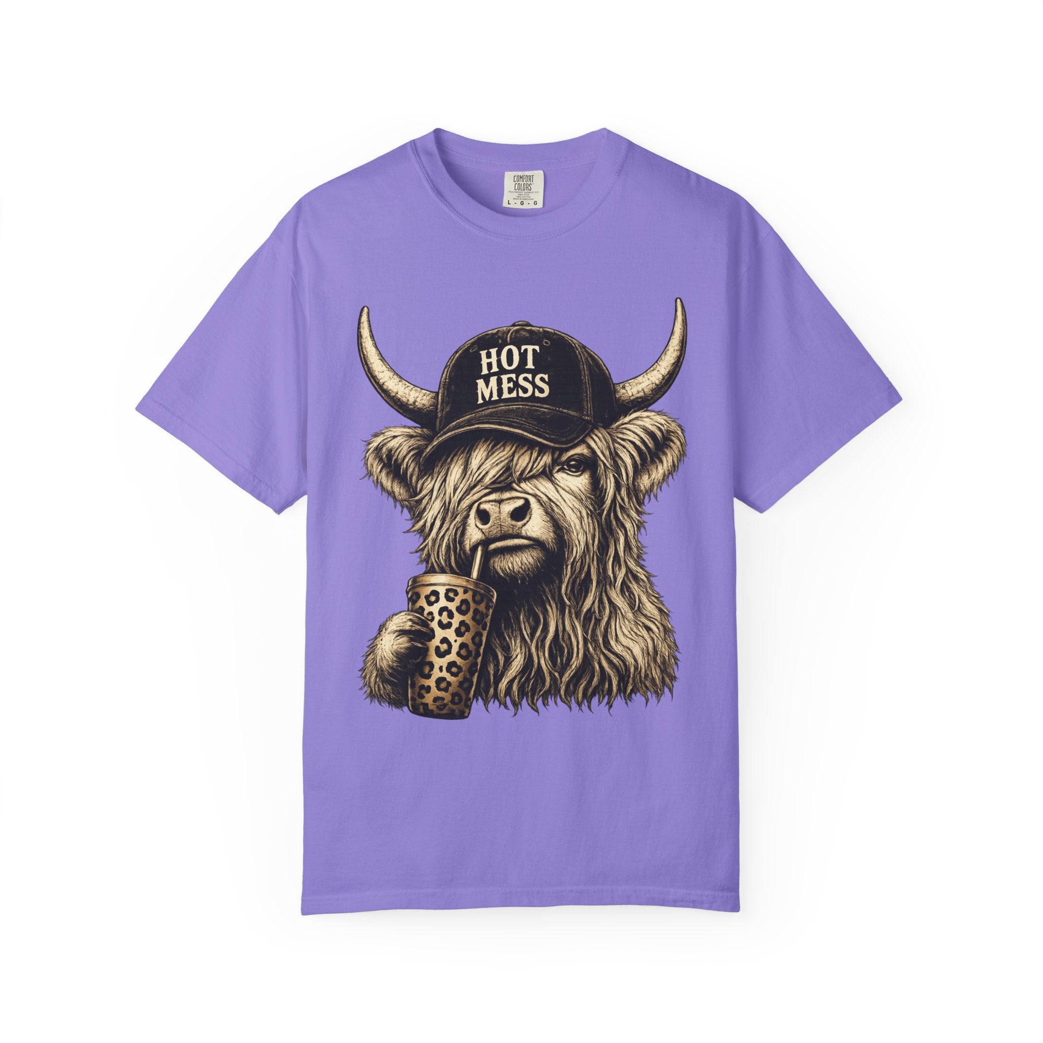 Hot Mess Highland Cow T Shirt Funny Cow with Coffee Graphic