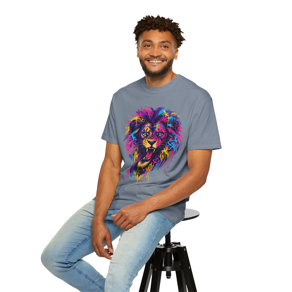 Colorful Roaring Lion T Shirt Vibrant Neon Animal Graphic Tee