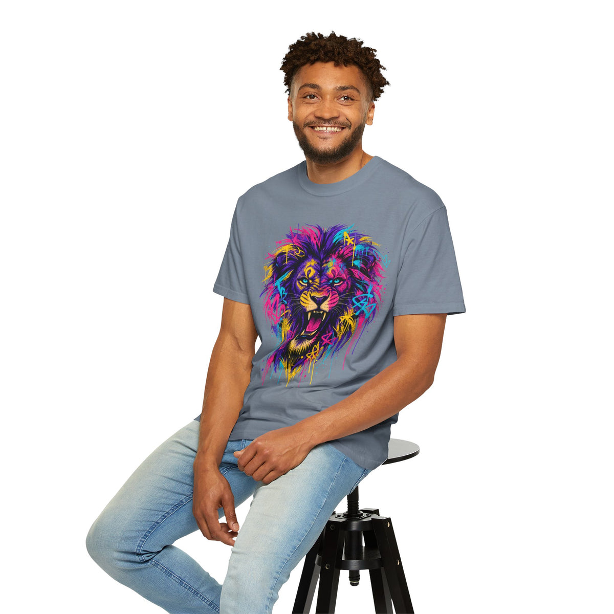 Colorful Roaring Lion T Shirt Vibrant Neon Animal Graphic Tee