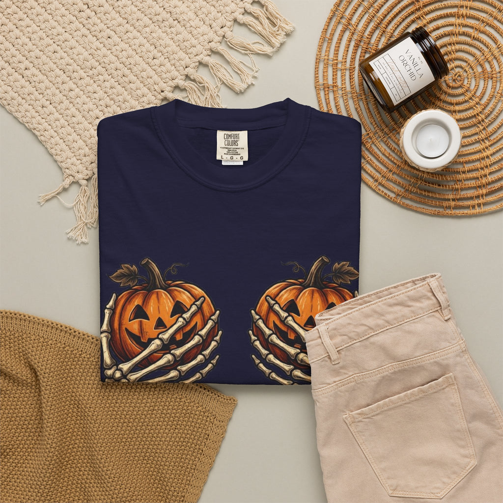 Pumpkin Heart Tee Skeleton Hands Holding Jack o Lanterns Halloween T Shirt