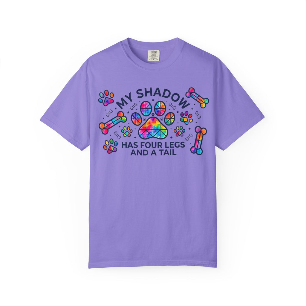 My Shadow Has Four Legs And A Tail T-Shirt Colorful Paw Print Dog Lover Tee