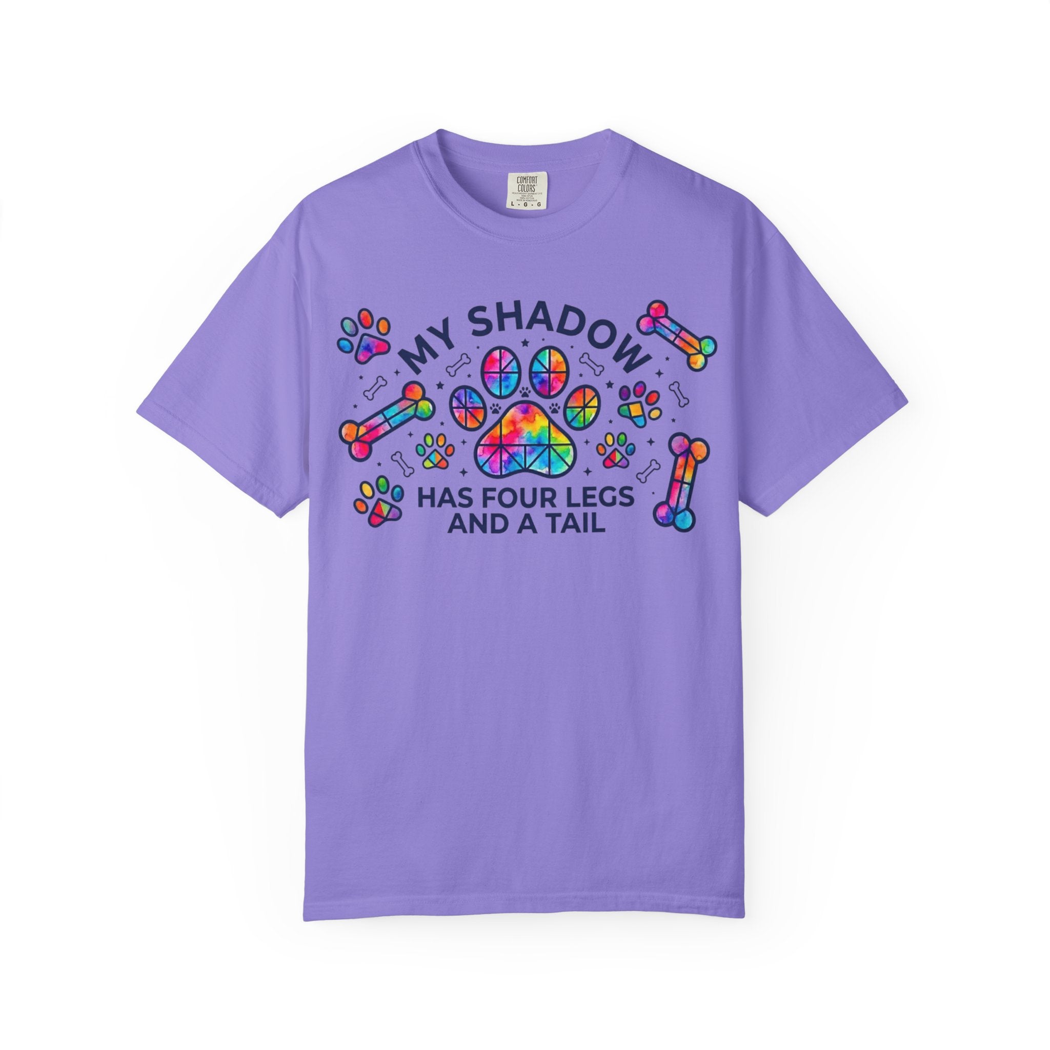 My Shadow Has Four Legs And A Tail T-Shirt Colorful Paw Print Dog Lover Tee